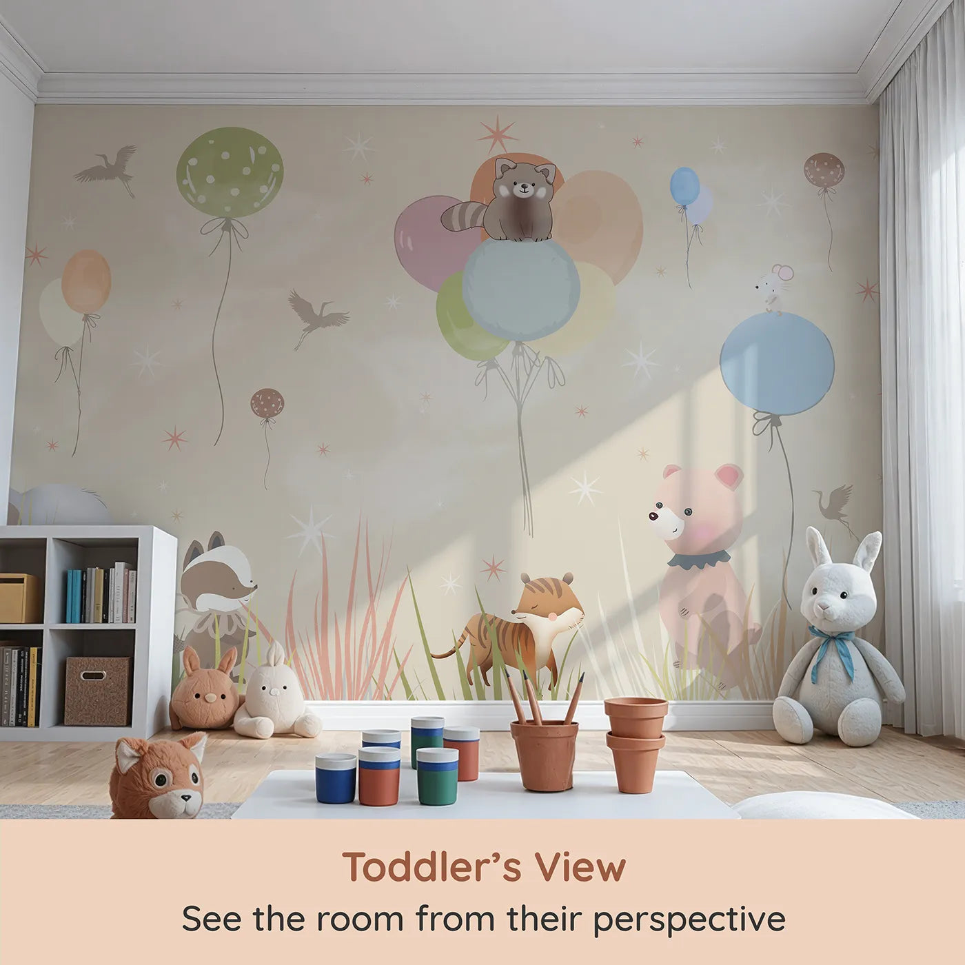 Whimsy Tots Animal Balloon Meadow Wall Mural (Turn Their Room into a Cheerful, High-Flying Party) from your child's view.Gender-Neutral