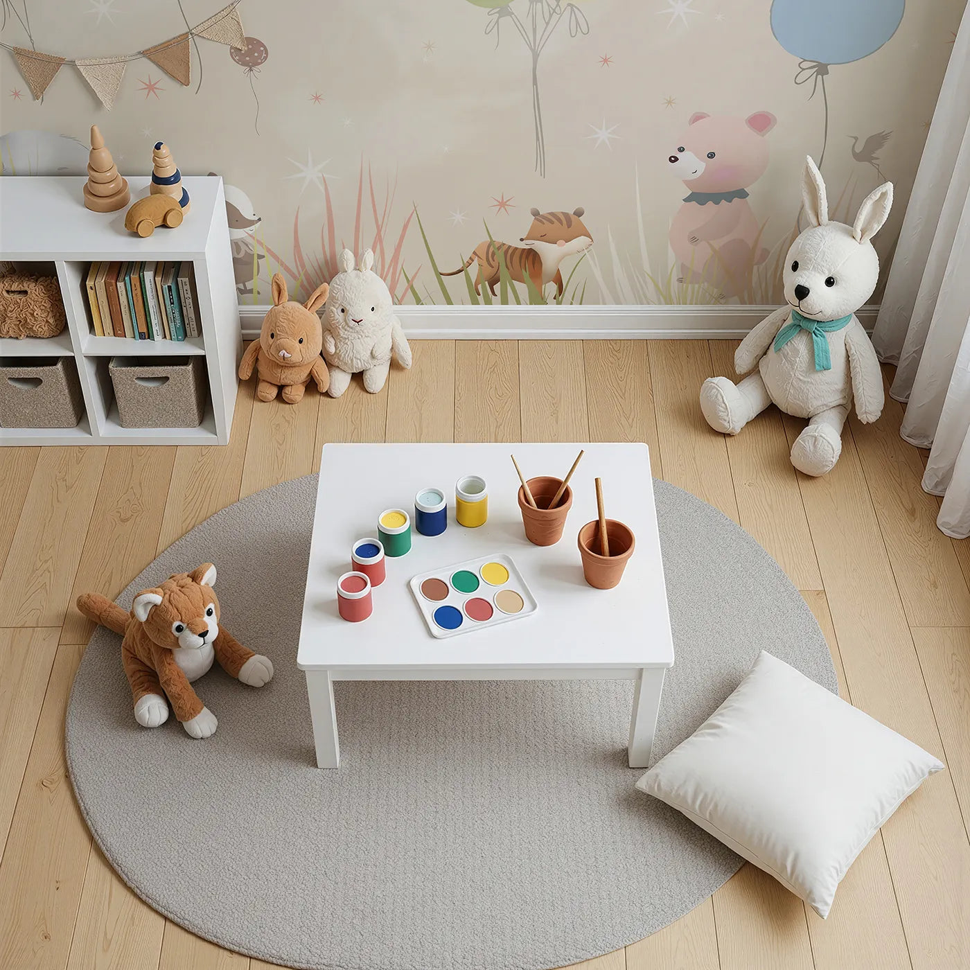 Top-down view of Whimsy Tots' Animal Balloon Meadow Wall Mural (Turn Their Room into a Cheerful, High-Flying Party).Gender-Neutral
