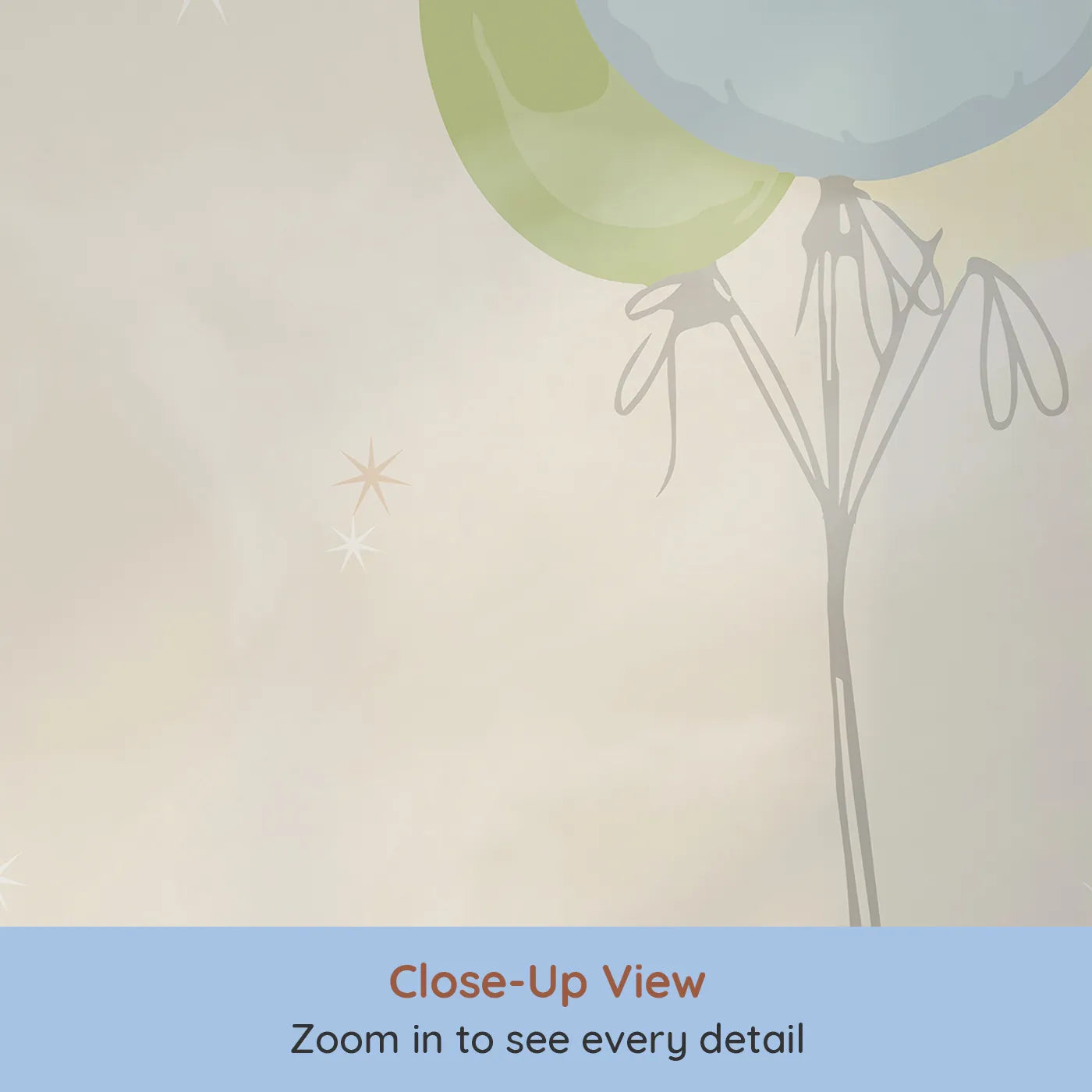 Close-up view of Whimsy Tots' Animal Balloon Meadow Wall Mural (Turn Their Room into a Cheerful, High-Flying Party).Gender-Neutral