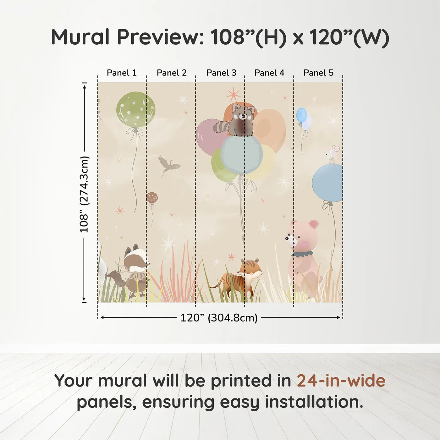 Whimsy Tots Animal Balloon Meadow Wall Muraldimension view (108" H x 120" W). Printed in five 24-inch-wide panels. Gender-Neutral