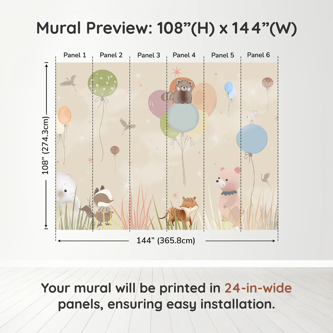 Whimsy Tots Animal Balloon Meadow Wall Muraldimension view (108" H x 144" W). Printed in six 24-inch-wide panels. Gender-Neutral