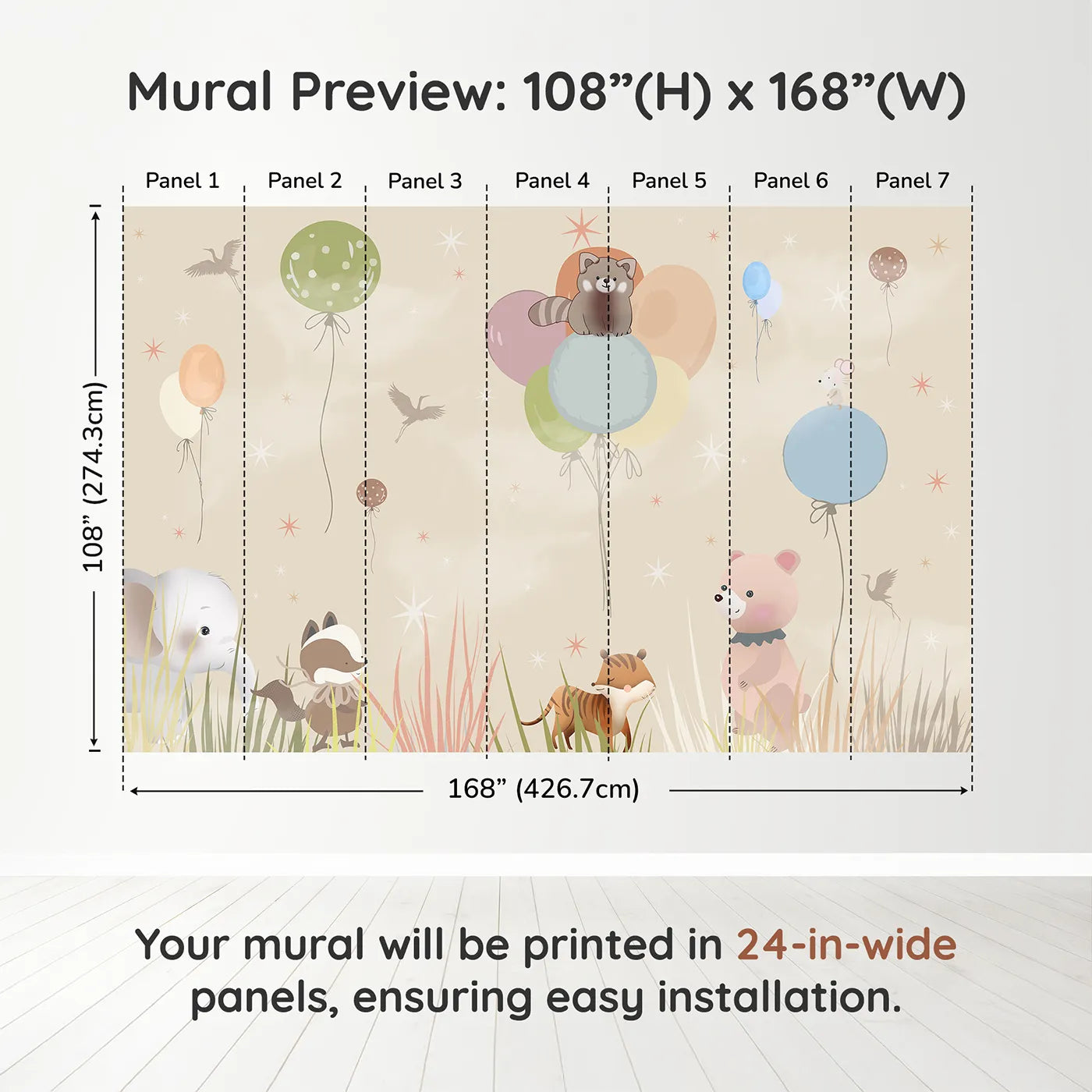Whimsy Tots Animal Balloon Meadow Wall Muraldimension view (108" H x 168" W). Printed in seven 24-inch-wide panels. Gender-Neutral
