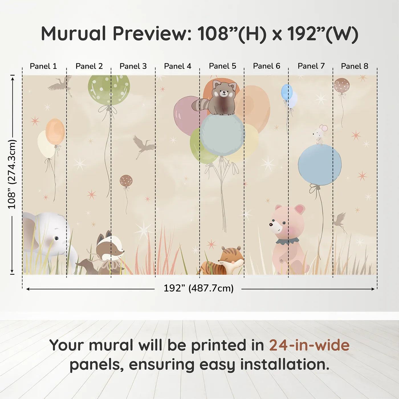 Whimsy Tots Animal Balloon Meadow Wall Muraldimension view (108" H x 192" W). Printed in eight 24-inch-wide panels. Gender-Neutral