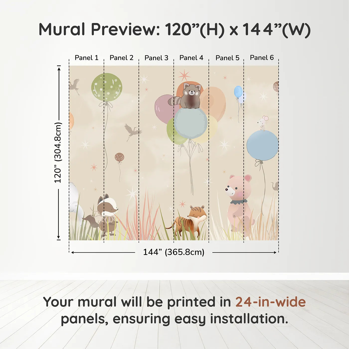 Whimsy Tots Animal Balloon Meadow Wall Muraldimension view (120" H x 144" W). Printed in six 24-inch-wide panels. Gender-Neutral
