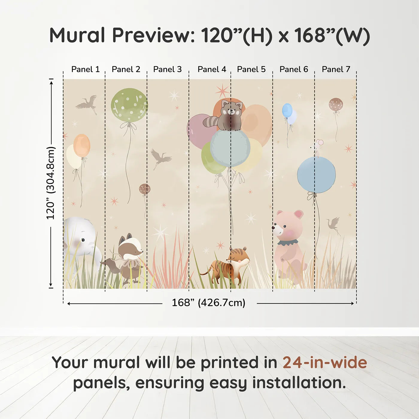 Whimsy Tots Animal Balloon Meadow Wall Muraldimension view (120" H x 168" W). Printed in seven 24-inch-wide panels. Gender-Neutral