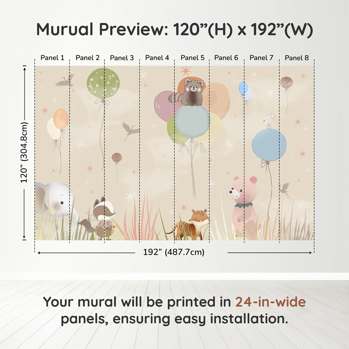 Whimsy Tots Animal Balloon Meadow Wall Muraldimension view (120" H x 192" W). Printed in eight 24-inch-wide panels. Gender-Neutral