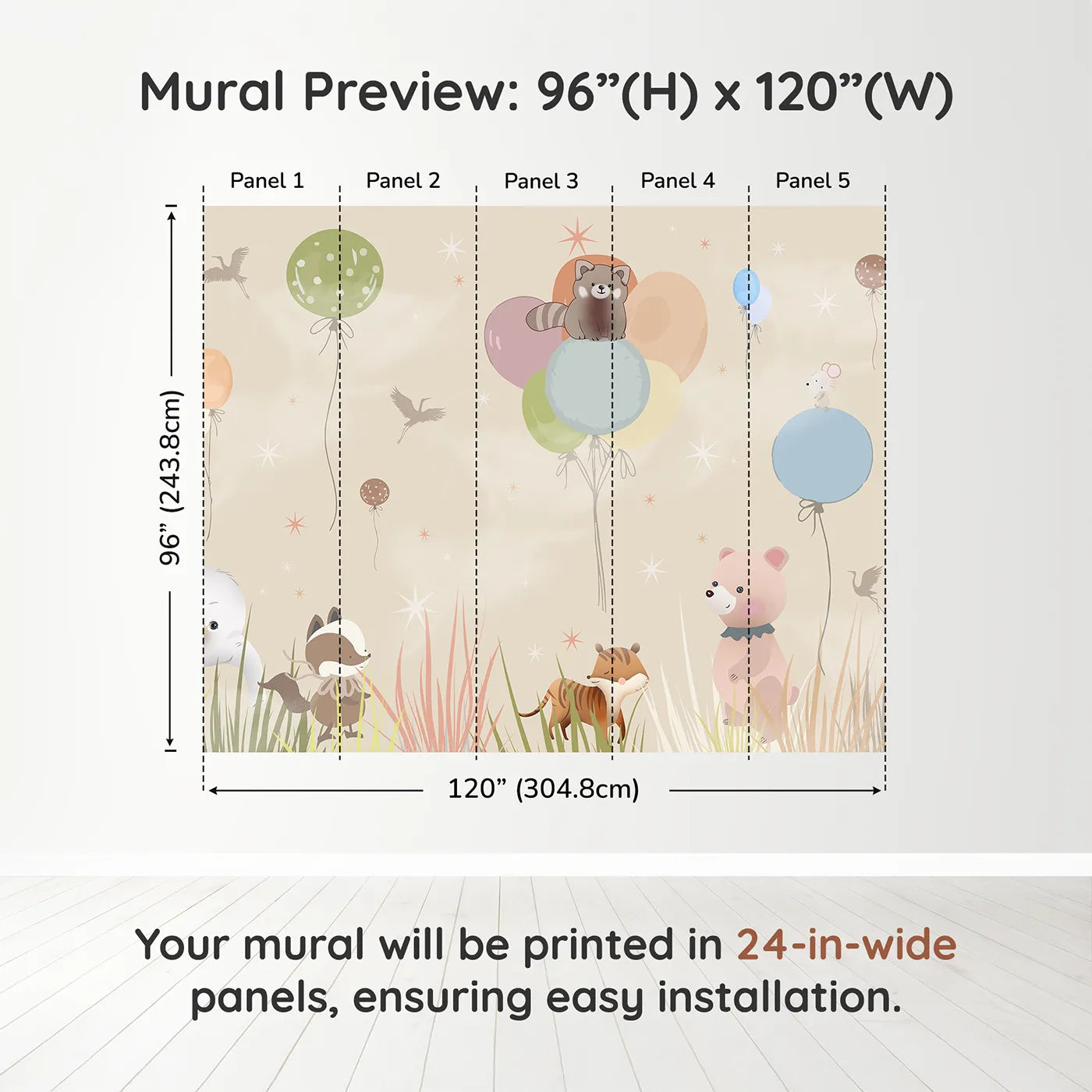 Whimsy Tots Animal Balloon Meadow Wall Muraldimension view (96" H x 120" W). Printed in five 24-inch-wide panels. Gender-Neutral