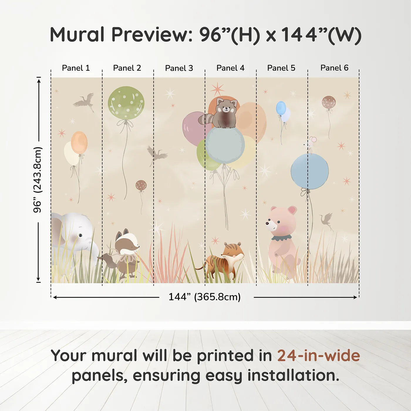 Whimsy Tots Animal Balloon Meadow Wall Muraldimension view (96" H x 144" W). Printed in six 24-inch-wide panels. Gender-Neutral