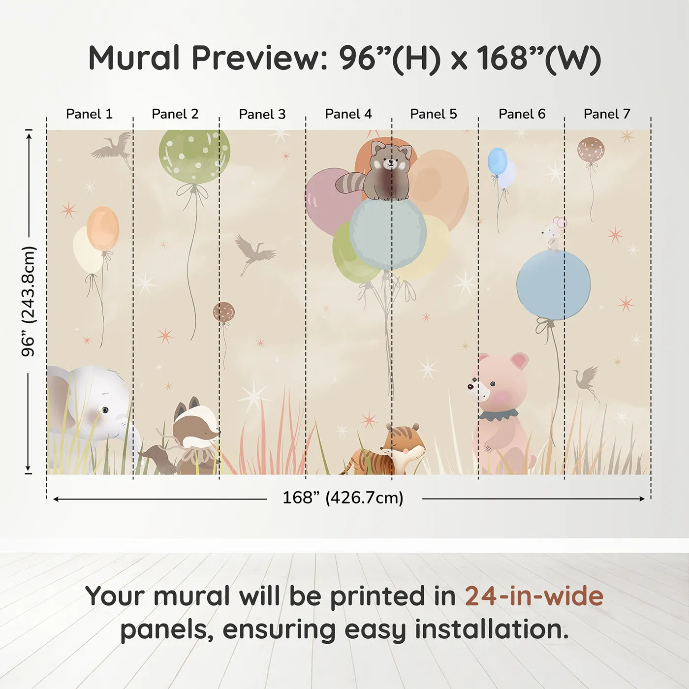 Whimsy Tots Animal Balloon Meadow Wall Muraldimension view (96" H x 168" W). Printed in seven 24-inch-wide panels. Gender-Neutral