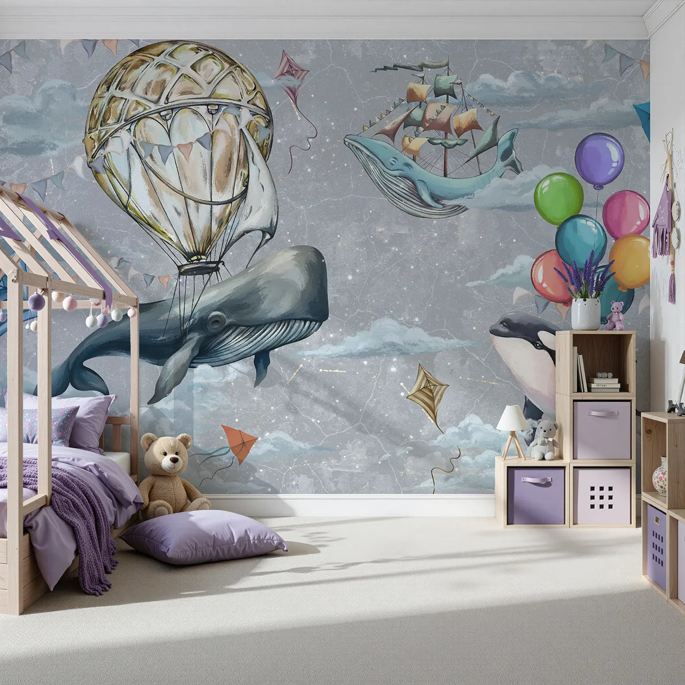 Front view of Whimsy Tots' Flying Whales Sky Festival Wall Mural