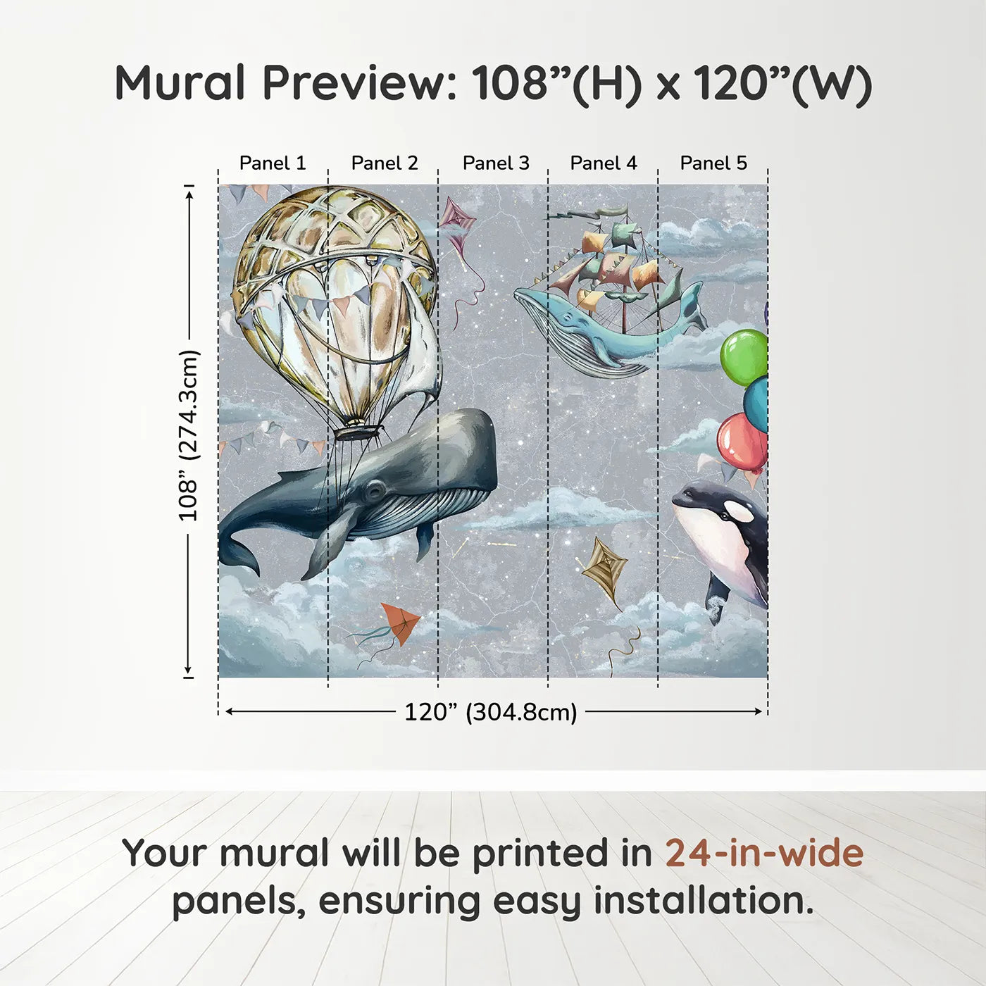 Whimsy Tots Flying Whales Sky Festival Wall Muraldimension view (108" H x 120" W). Printed in five 24-inch-wide panels. Gender-Neutral