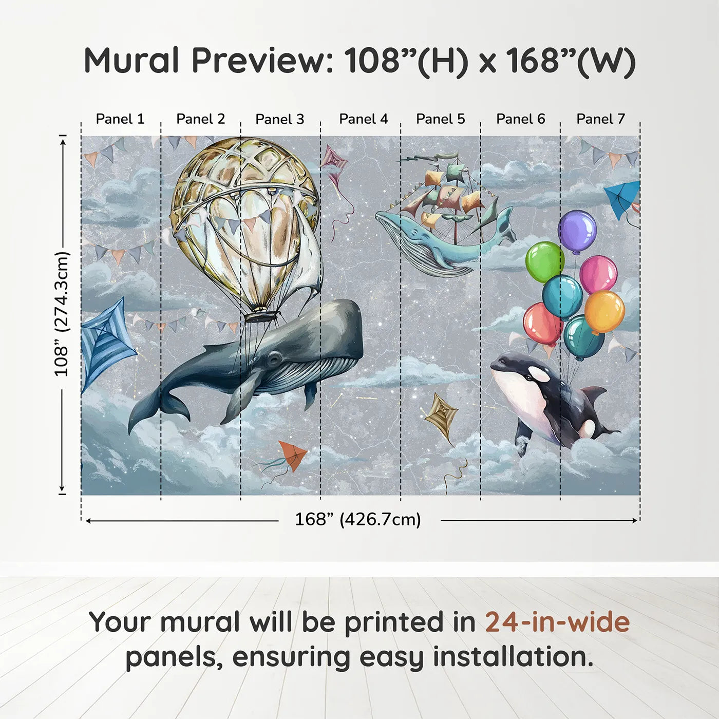 Whimsy Tots Flying Whales Sky Festival Wall Muraldimension view (108" H x 168" W). Printed in seven 24-inch-wide panels. Gender-Neutral