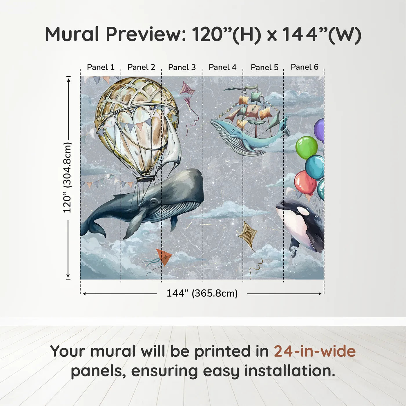 Whimsy Tots Flying Whales Sky Festival Wall Muraldimension view (120" H x 144" W). Printed in six 24-inch-wide panels. Gender-Neutral