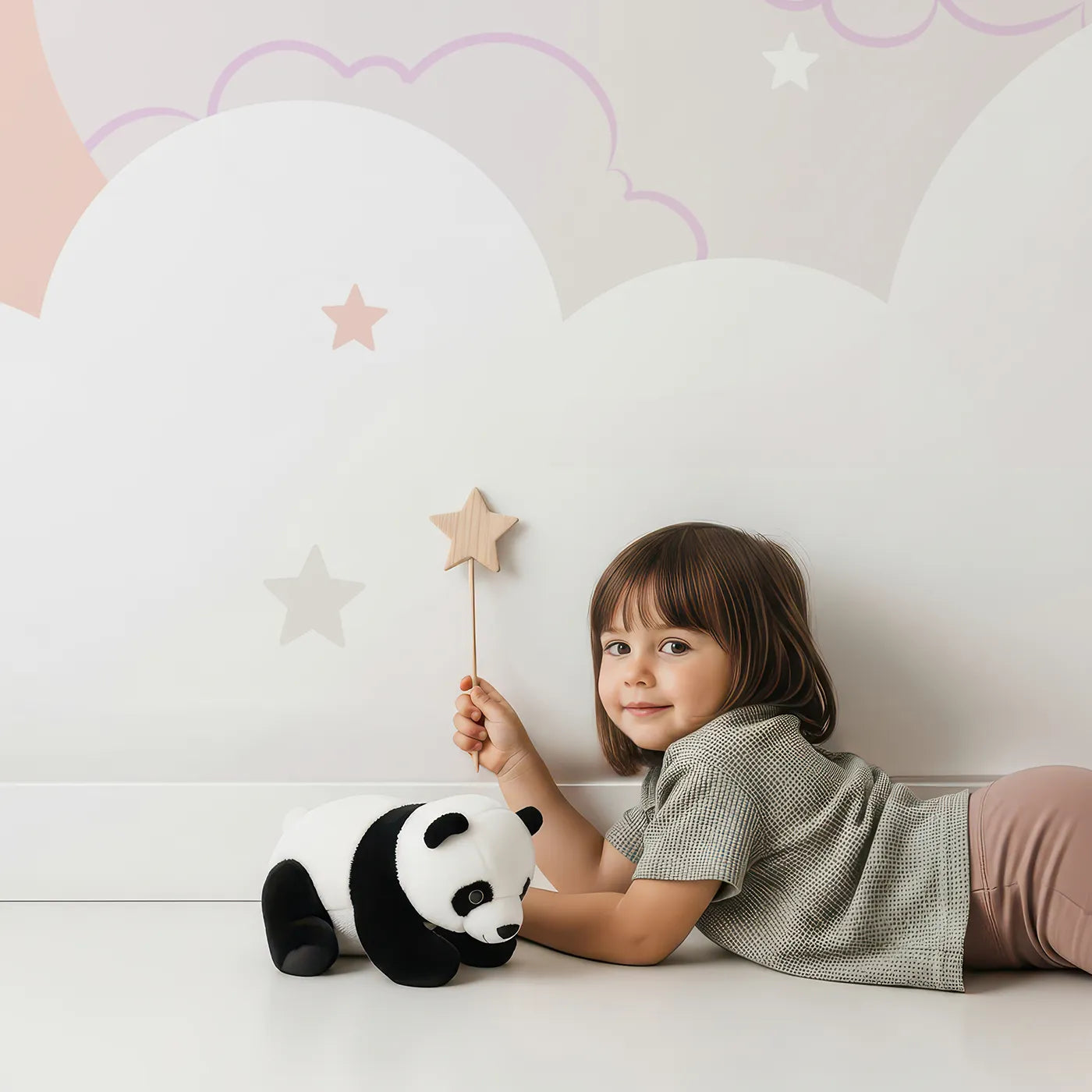 Child in front of Whimsy Tots Bunny Love Wall Mural with bunny, rabbit, moon, star, cloud, cute, nursery, pink in design.
