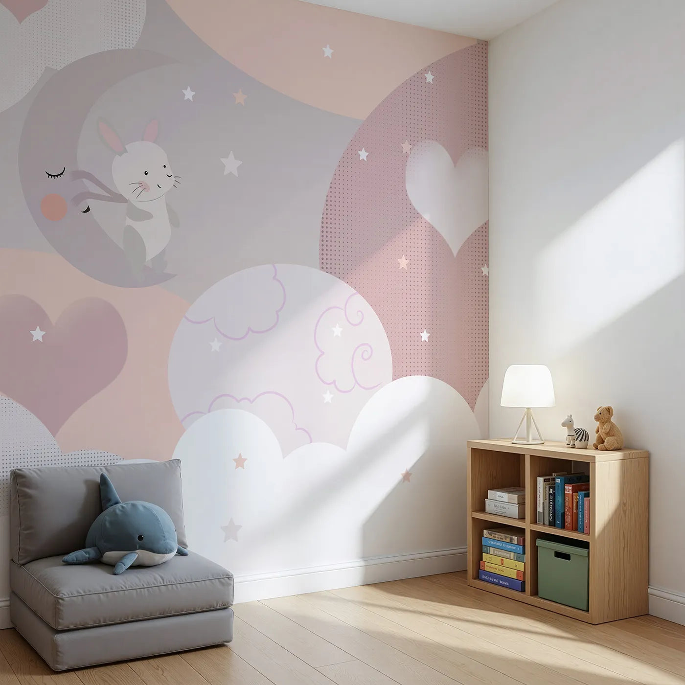 Angled view of Whimsy Tots' Bunny Love Wall Mural (Turn Their Room into a Gentle, Starry Dreamland).Gender-Neutral