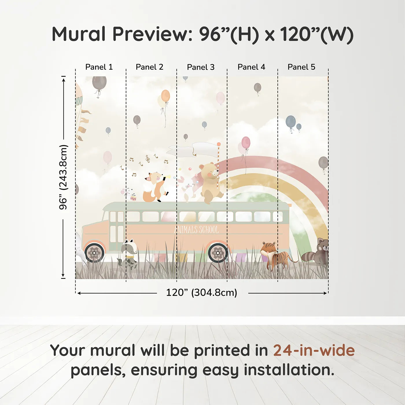 Whimsy Tots Animals School Bus Wall Muraldimension view (96" H x 120" W). Printed in five 24-inch-wide panels. Gender-Neutral