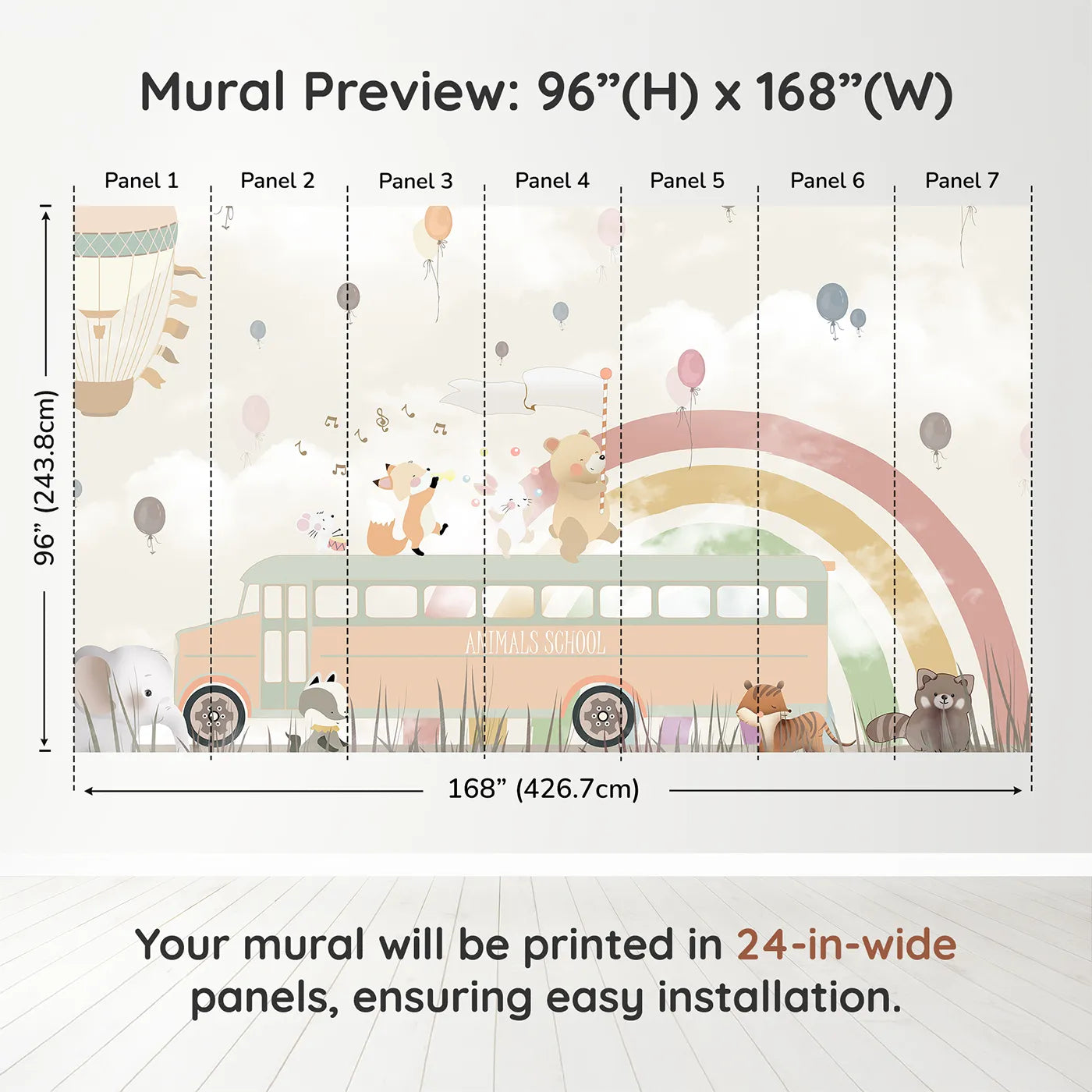 Whimsy Tots Animals School Bus Wall Muraldimension view (96" H x 168" W). Printed in seven 24-inch-wide panels. Gender-Neutral