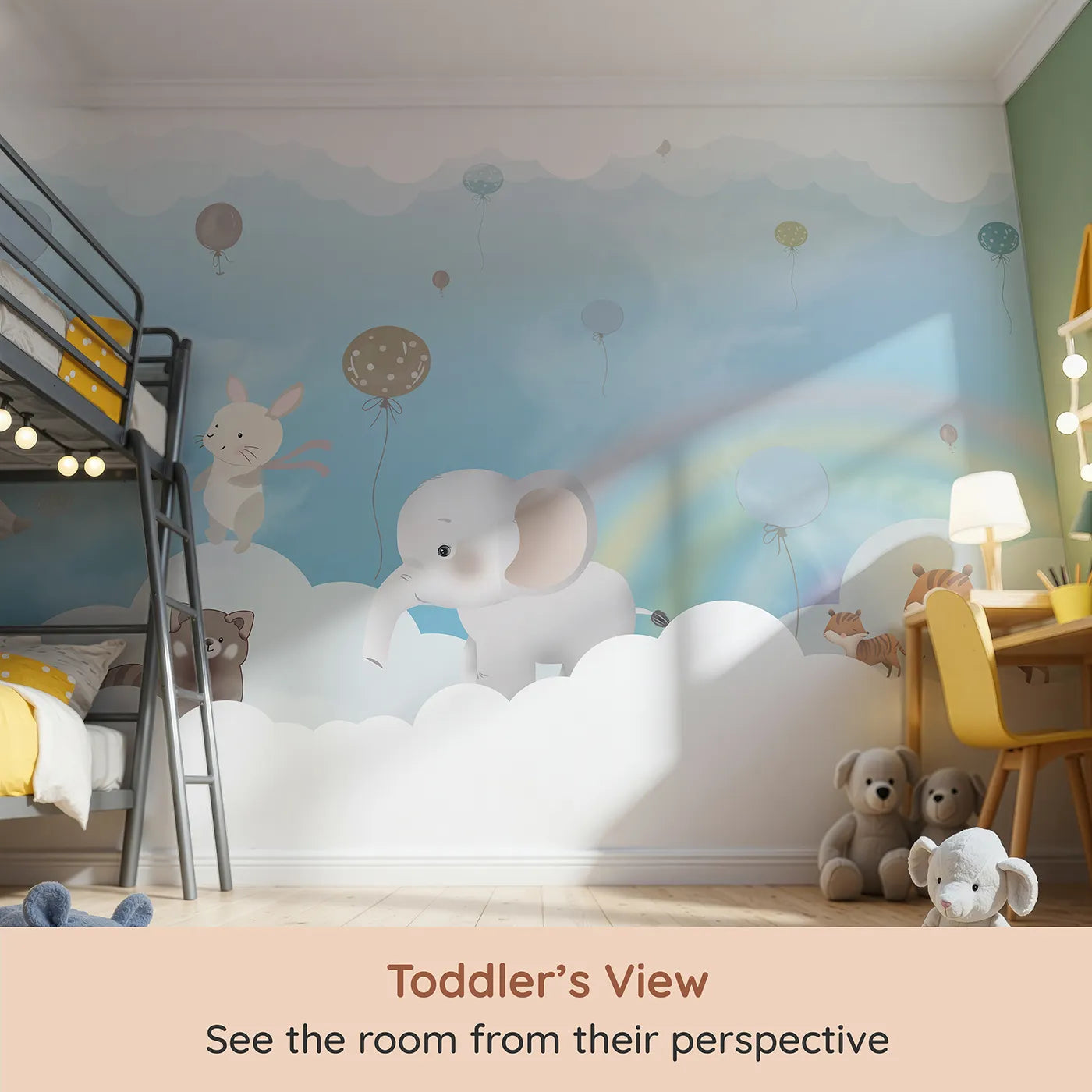 Whimsy Tots Rainbow Cloud Friends Wall Mural (Turn Their Room into a Gentle, High-Flying Dream) from your child's view.Gender-Neutral