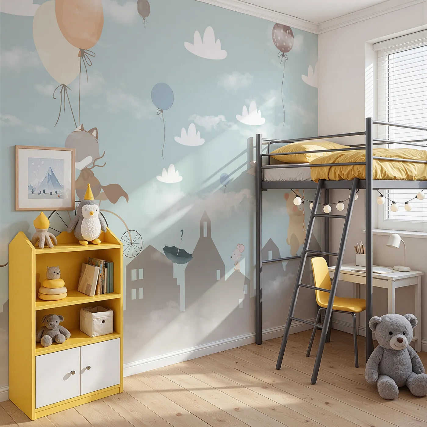 Angled view of Whimsy Tots' Animal Parade Wall Mural (Turn Their Room into a Whimsical, High-Flying Parade).Gender-Neutral