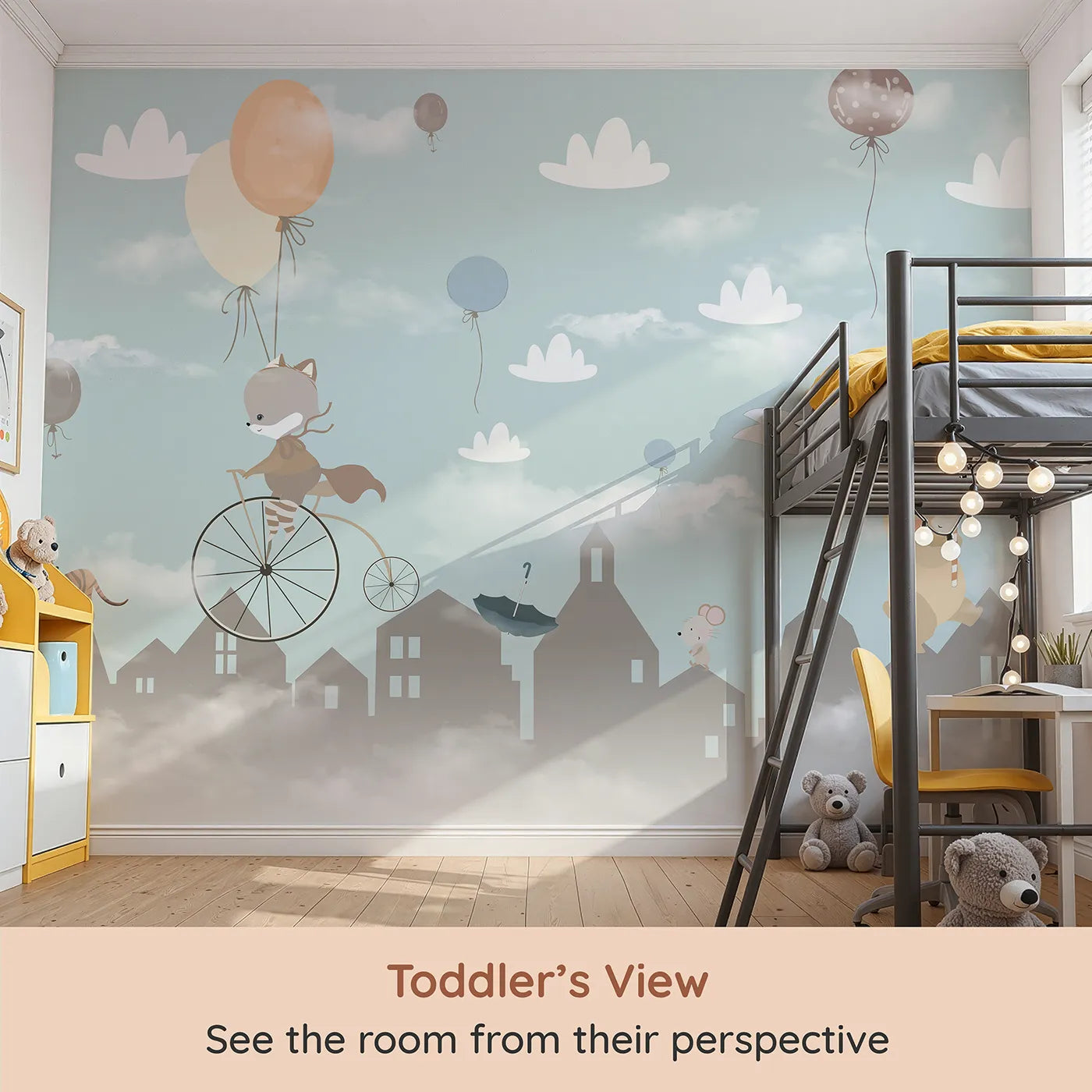 Whimsy Tots Animal Parade Wall Mural (Turn Their Room into a Whimsical, High-Flying Parade) from your child's view.Gender-Neutral