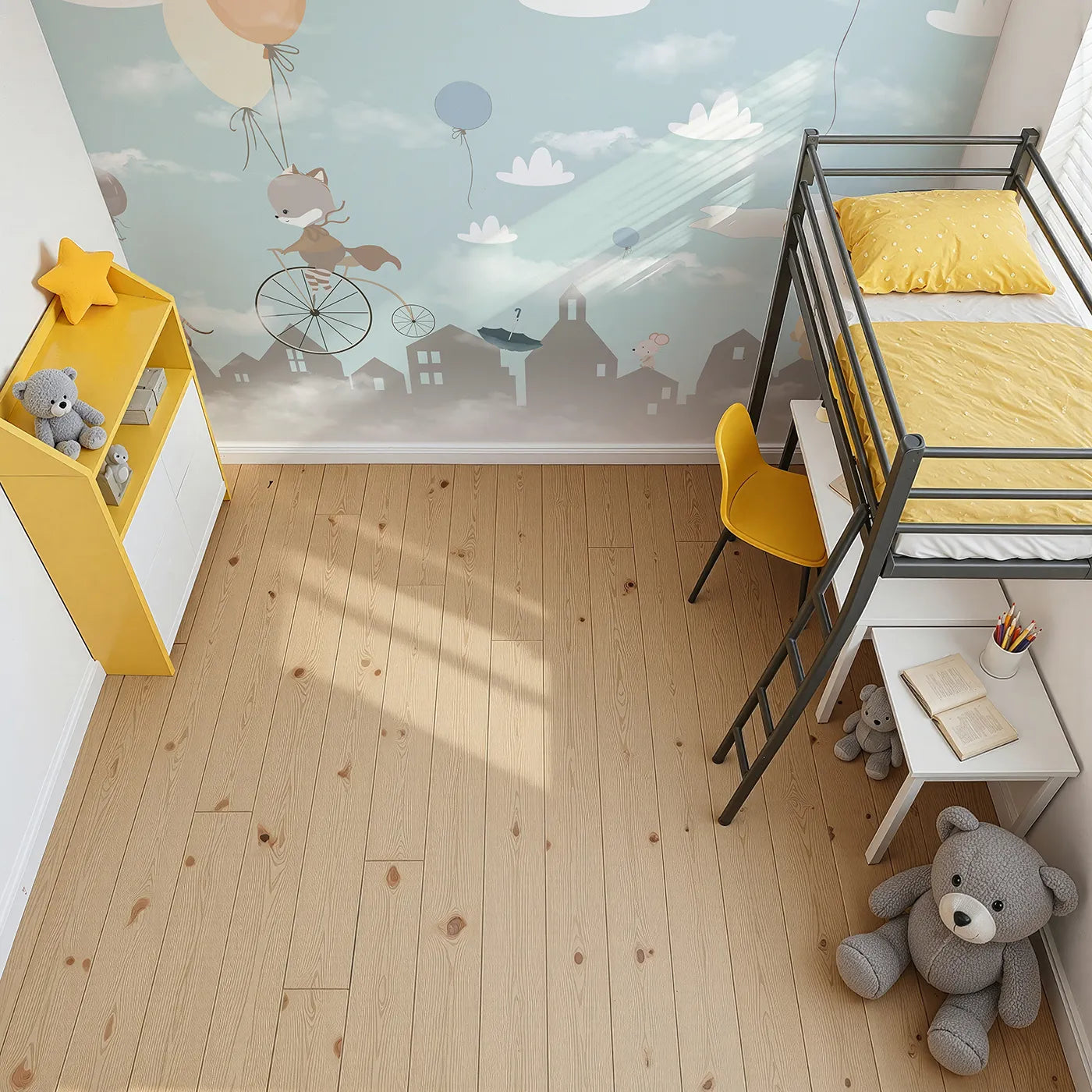Top-down view of Whimsy Tots' Animal Parade Wall Mural (Turn Their Room into a Whimsical, High-Flying Parade).Gender-Neutral