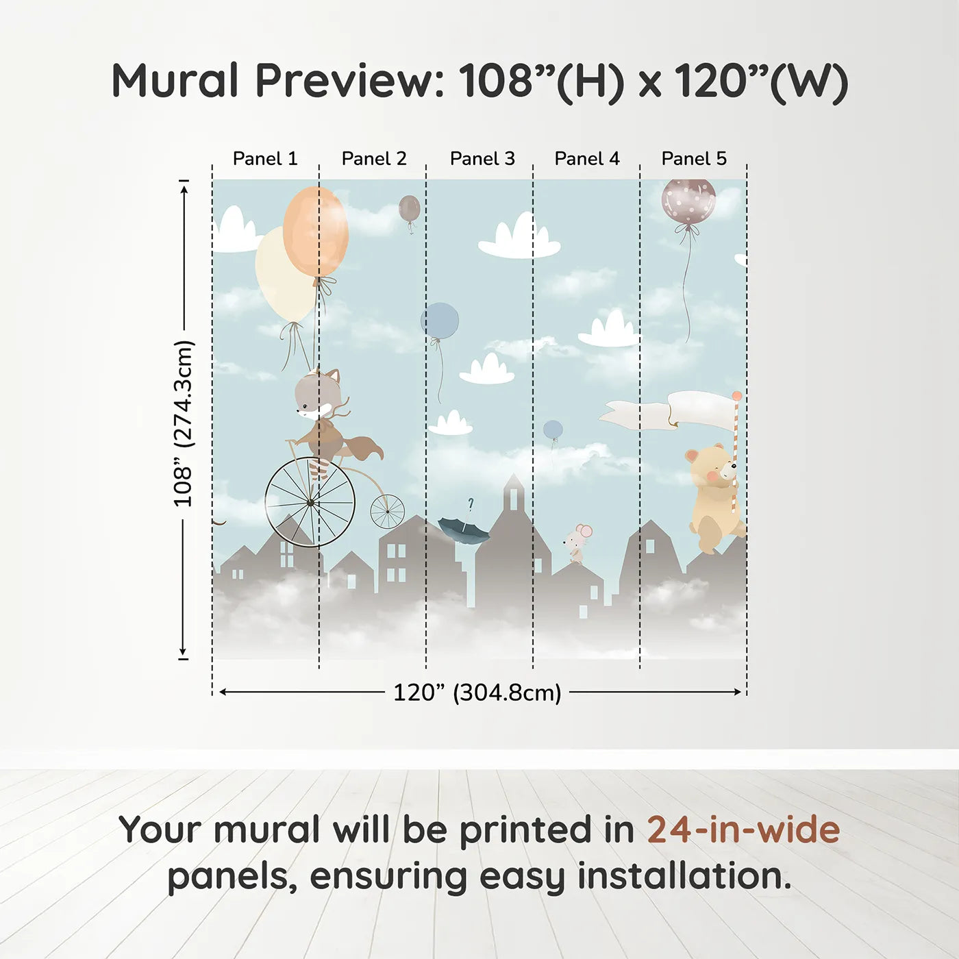 Whimsy Tots Animal Parade Wall Muraldimension view (108" H x 120" W). Printed in five 24-inch-wide panels. Gender-Neutral