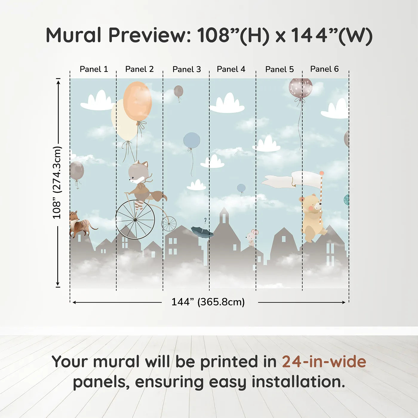 Whimsy Tots Animal Parade Wall Muraldimension view (108" H x 144" W). Printed in six 24-inch-wide panels. Gender-Neutral