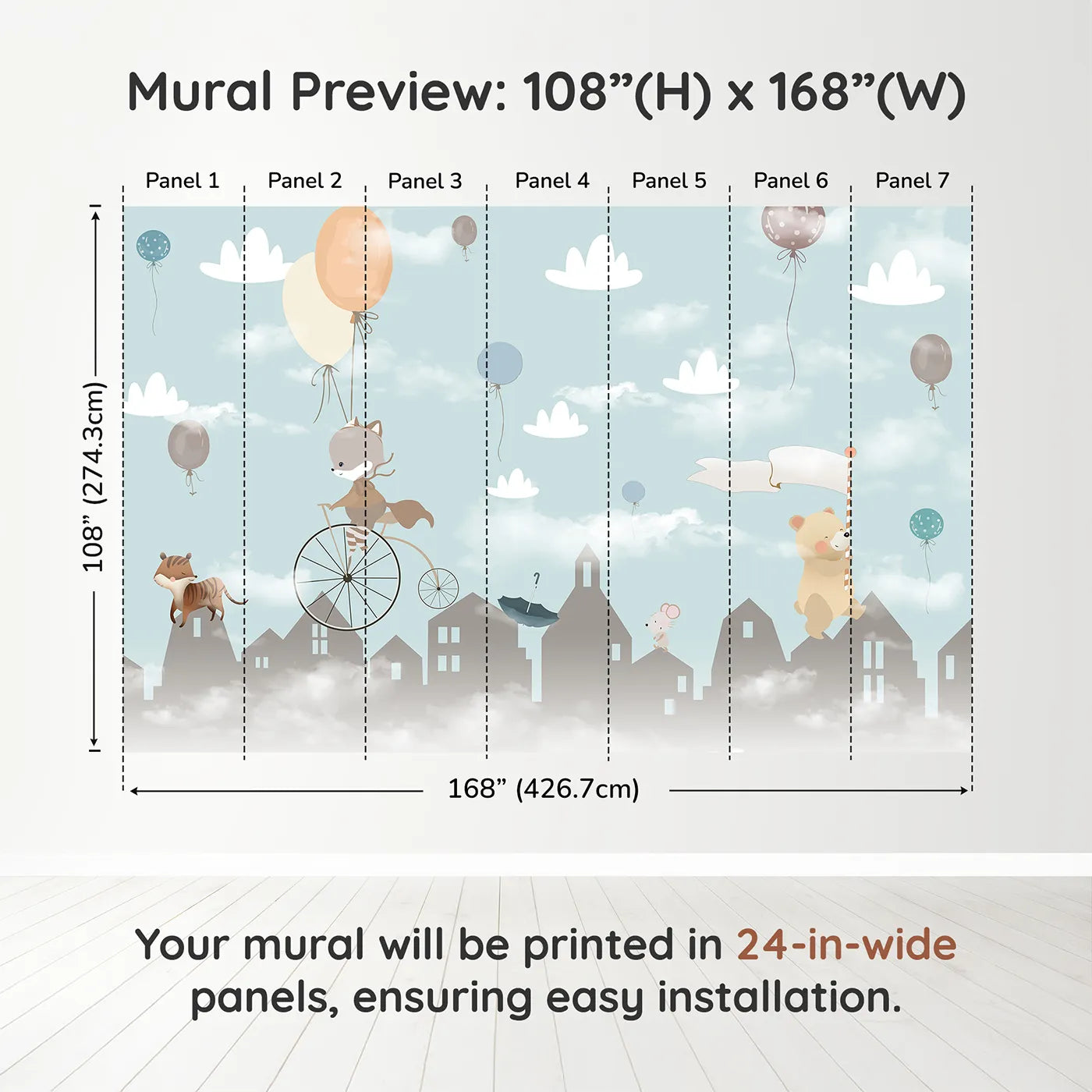 Whimsy Tots Animal Parade Wall Muraldimension view (108" H x 168" W). Printed in seven 24-inch-wide panels. Gender-Neutral