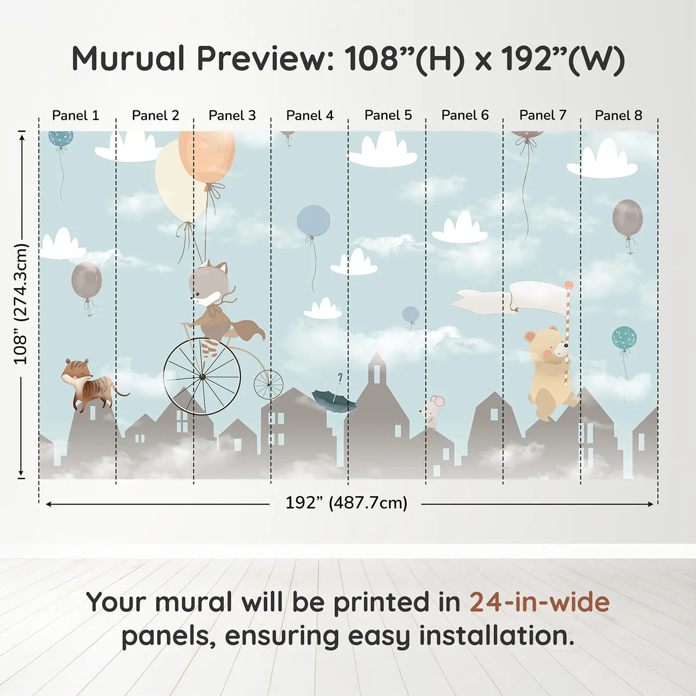 Whimsy Tots Animal Parade Wall Muraldimension view (108" H x 192" W). Printed in eight 24-inch-wide panels. Gender-Neutral