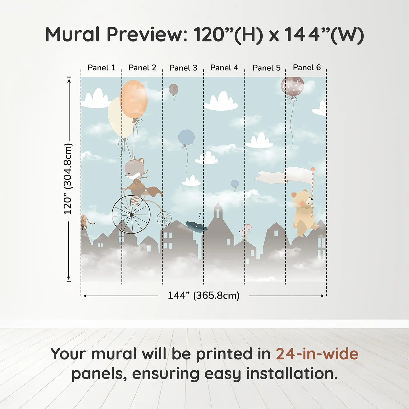 Whimsy Tots Animal Parade Wall Muraldimension view (120" H x 144" W). Printed in six 24-inch-wide panels. Gender-Neutral