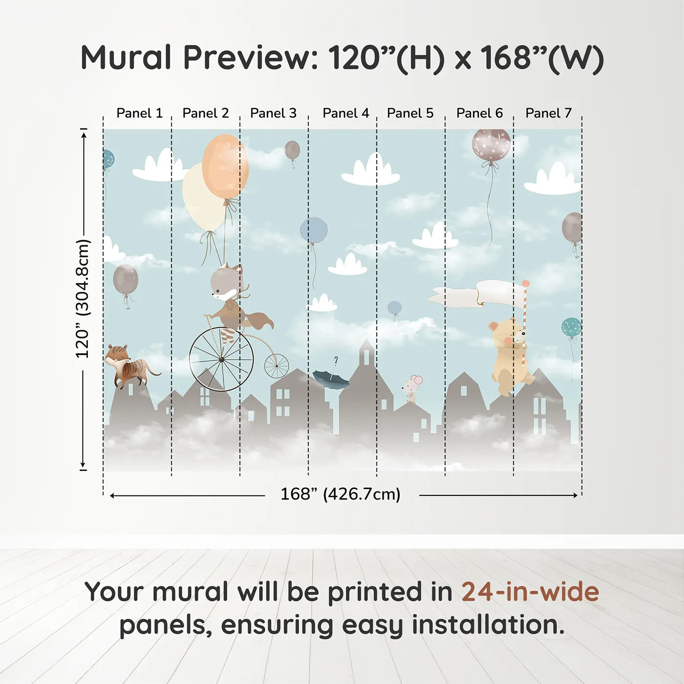 Whimsy Tots Animal Parade Wall Muraldimension view (120" H x 168" W). Printed in seven 24-inch-wide panels. Gender-Neutral