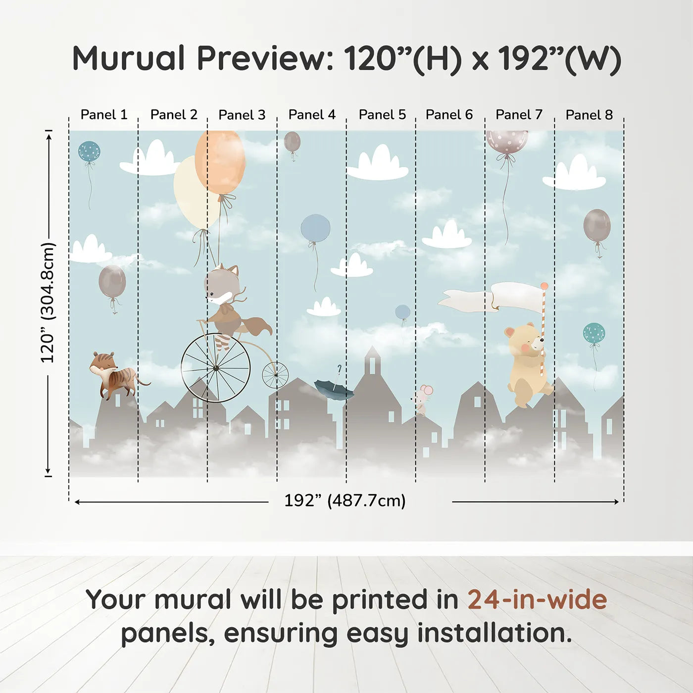 Whimsy Tots Animal Parade Wall Muraldimension view (120" H x 192" W). Printed in eight 24-inch-wide panels. Gender-Neutral