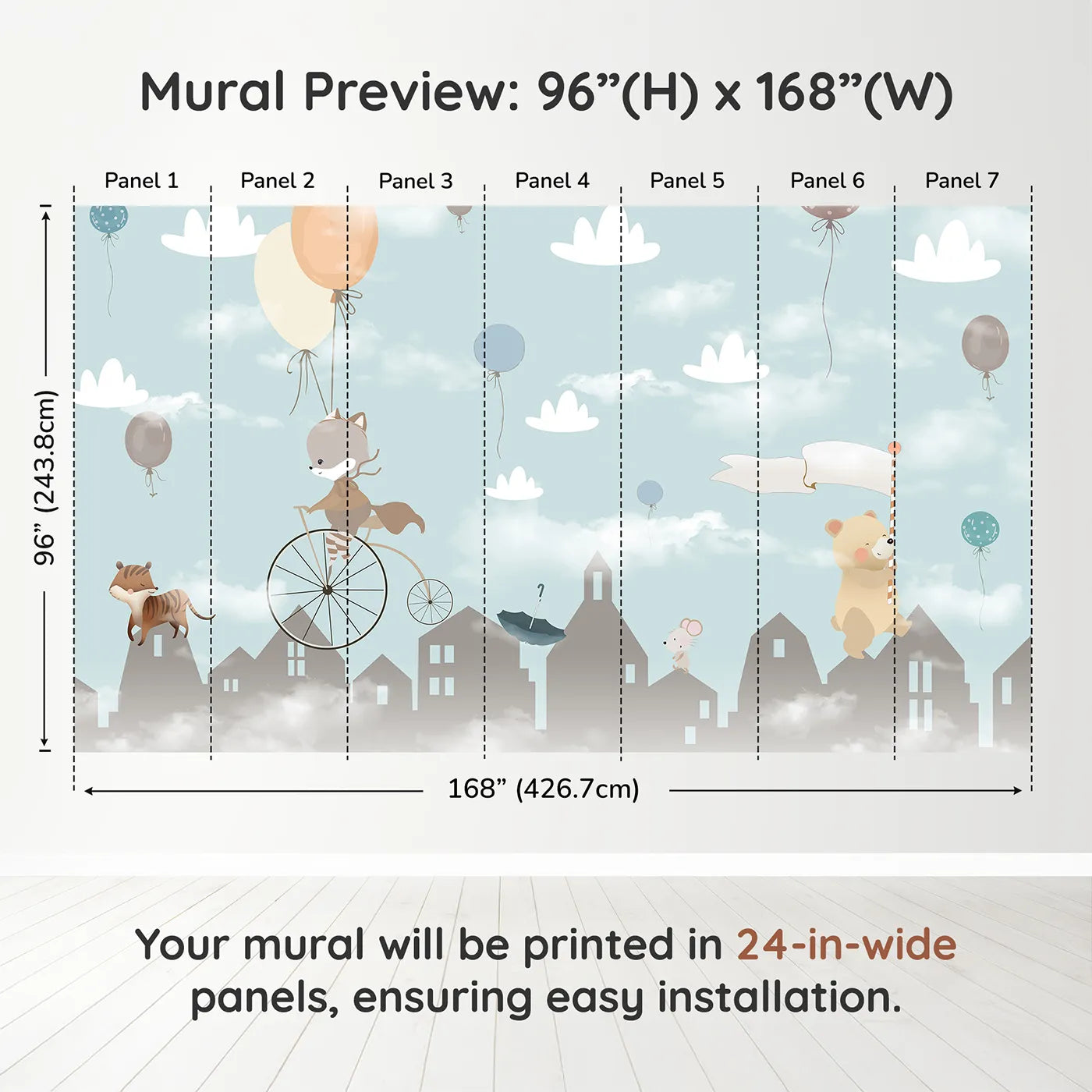Whimsy Tots Animal Parade Wall Muraldimension view (96" H x 168" W). Printed in seven 24-inch-wide panels. Gender-Neutral