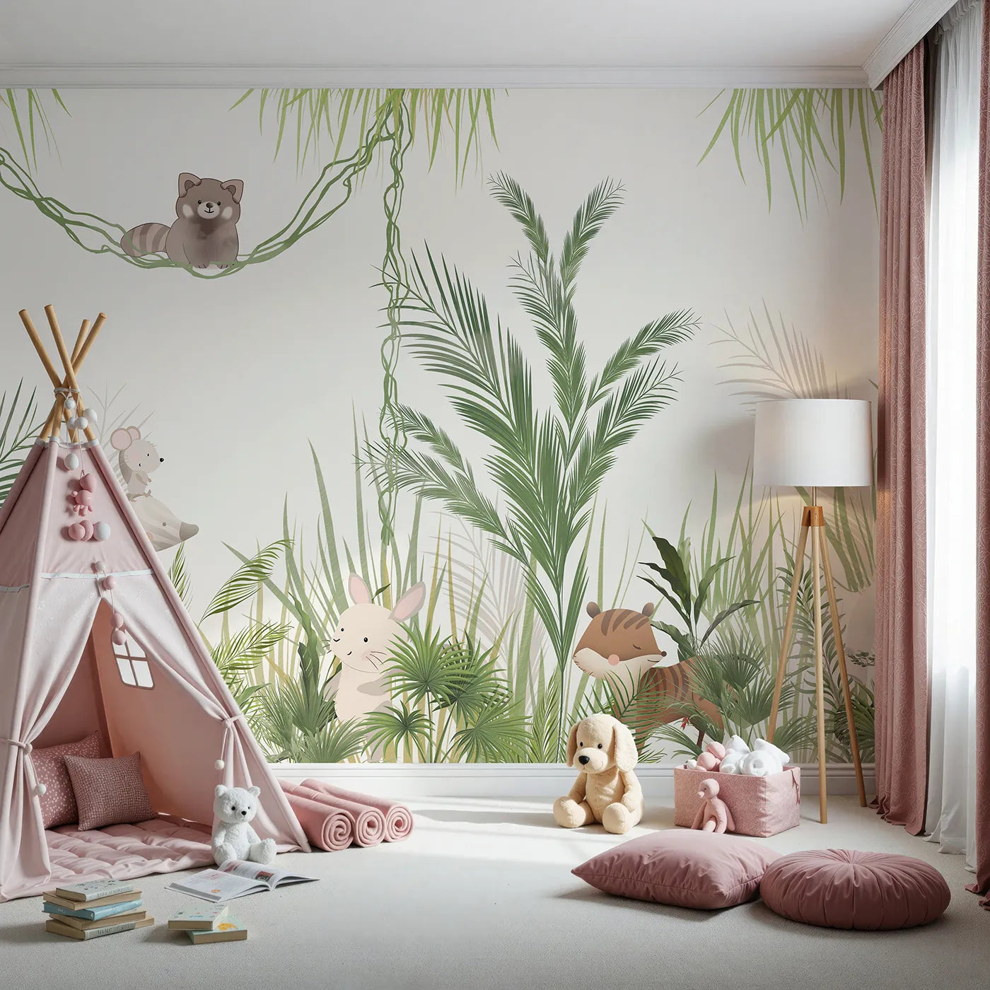 Front view of Whimsy Tots' Jungle Hide and Seek Wall Mural