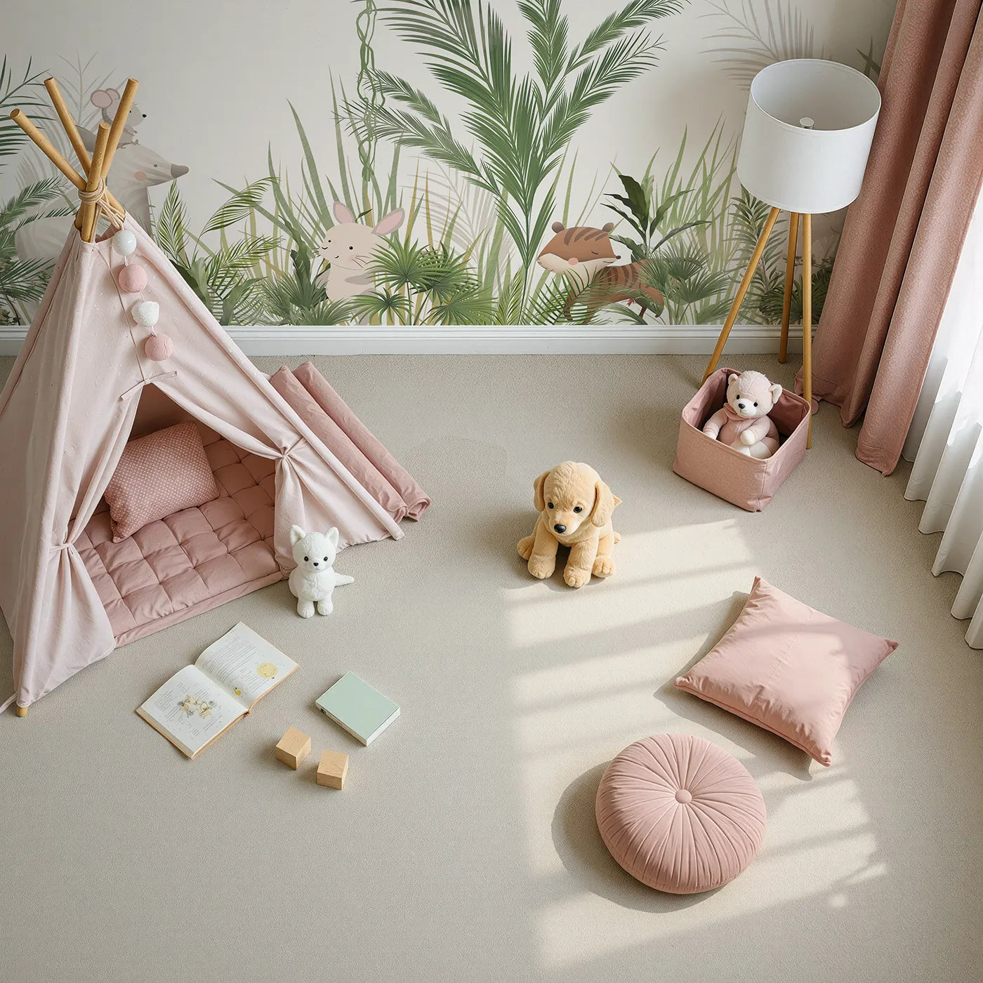 Top-down view of Whimsy Tots' Jungle Hide and Seek Wall Mural (Turn Their Room into a Gentle, Leafy Game of Hide-and-Seek).Gender-Neutral