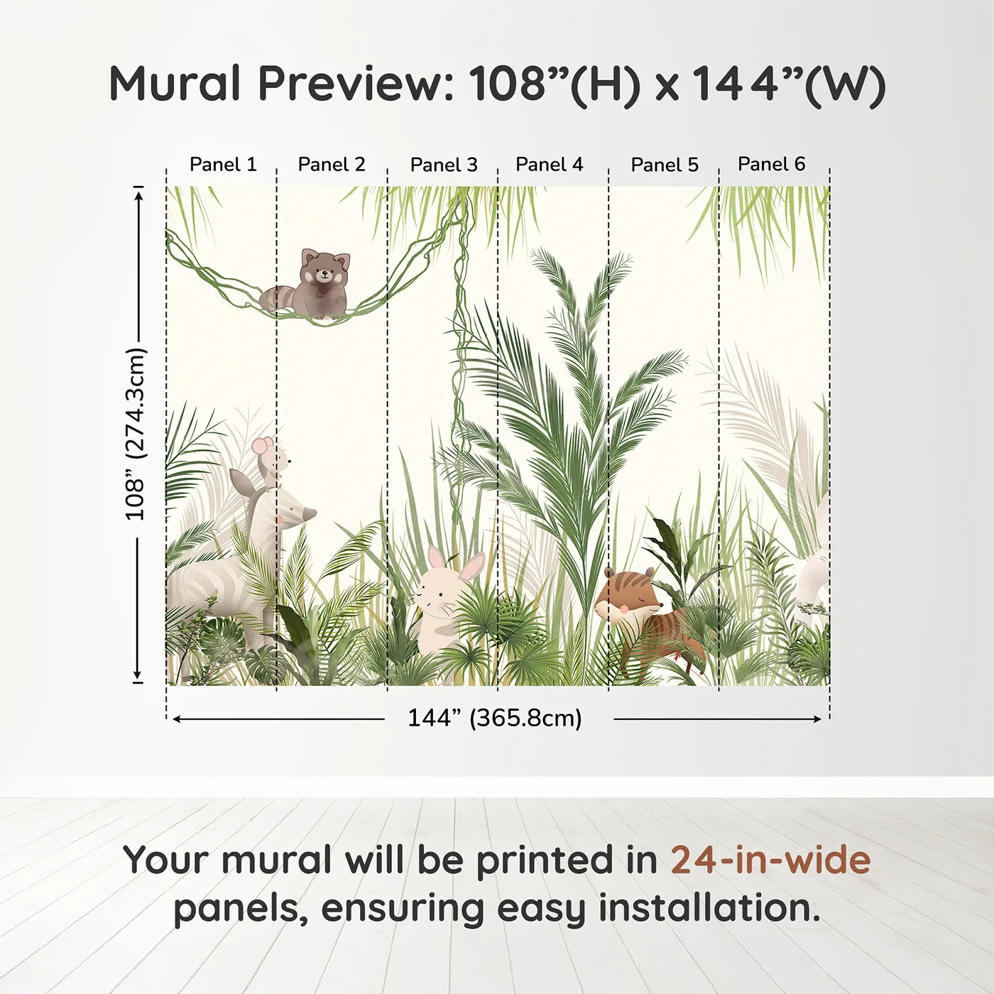 Whimsy Tots Jungle Hide and Seek Wall Muraldimension view (108" H x 144" W). Printed in six 24-inch-wide panels. Gender-Neutral