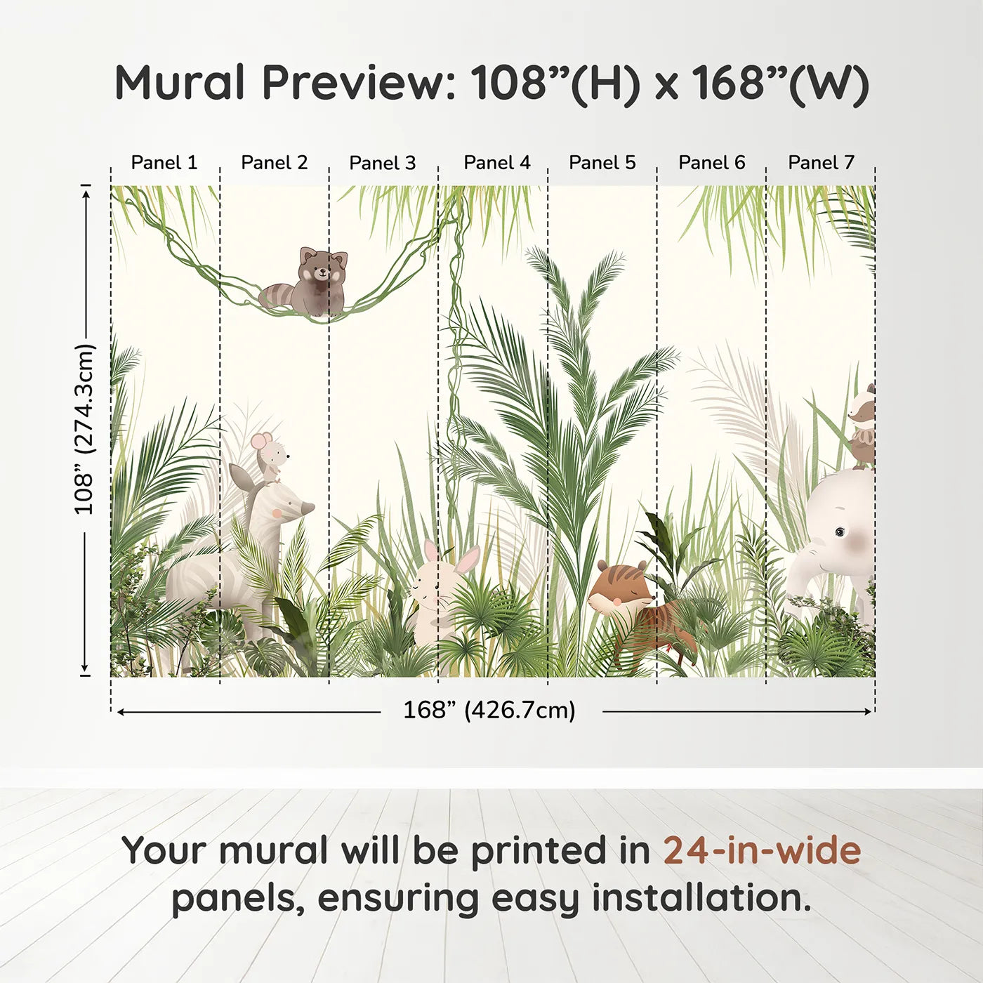 Whimsy Tots Jungle Hide and Seek Wall Muraldimension view (108" H x 168" W). Printed in seven 24-inch-wide panels. Gender-Neutral