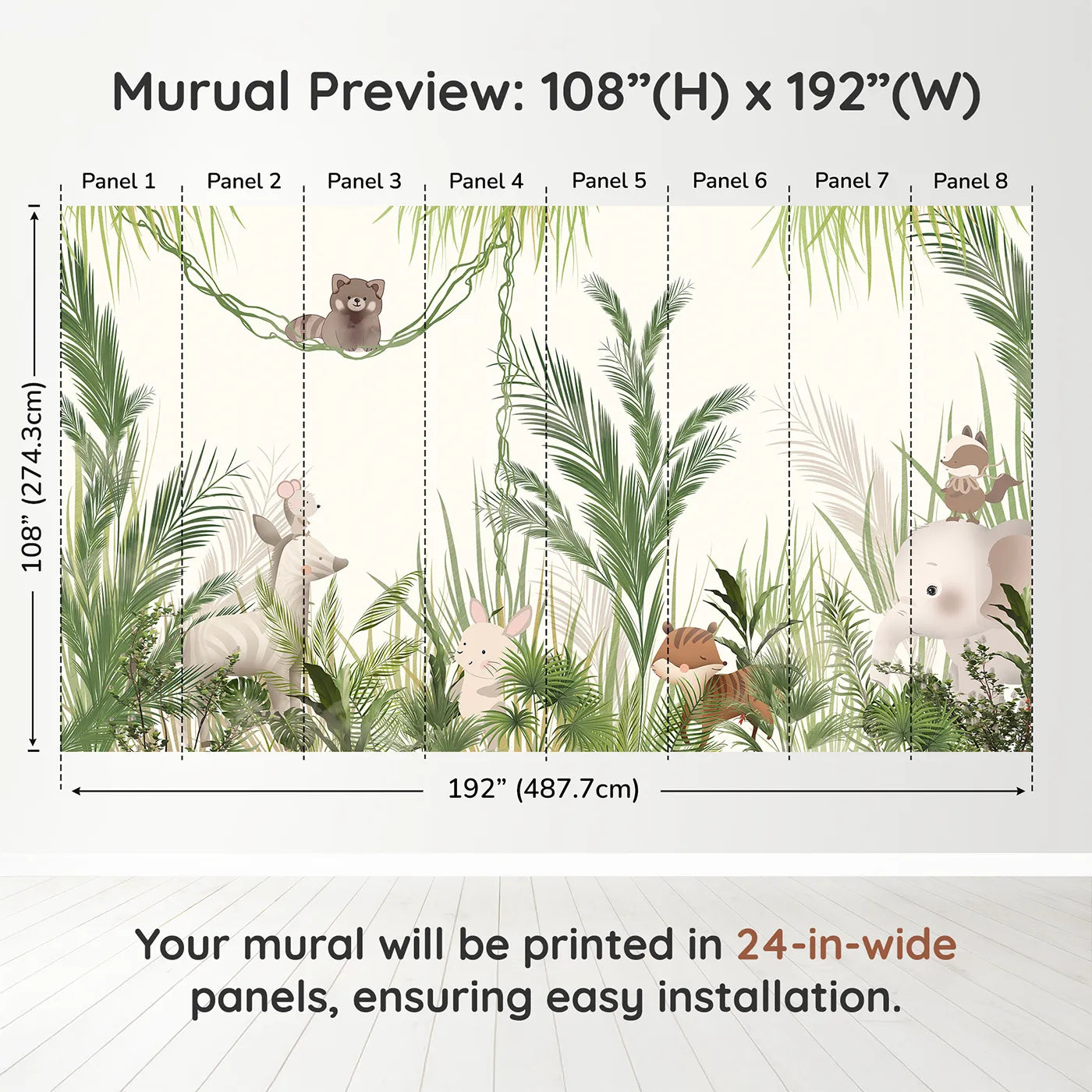 Whimsy Tots Jungle Hide and Seek Wall Muraldimension view (108" H x 192" W). Printed in eight 24-inch-wide panels. Gender-Neutral