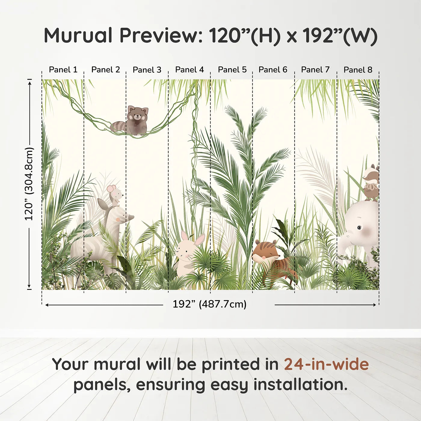 Whimsy Tots Jungle Hide and Seek Wall Muraldimension view (120" H x 192" W). Printed in eight 24-inch-wide panels. Gender-Neutral