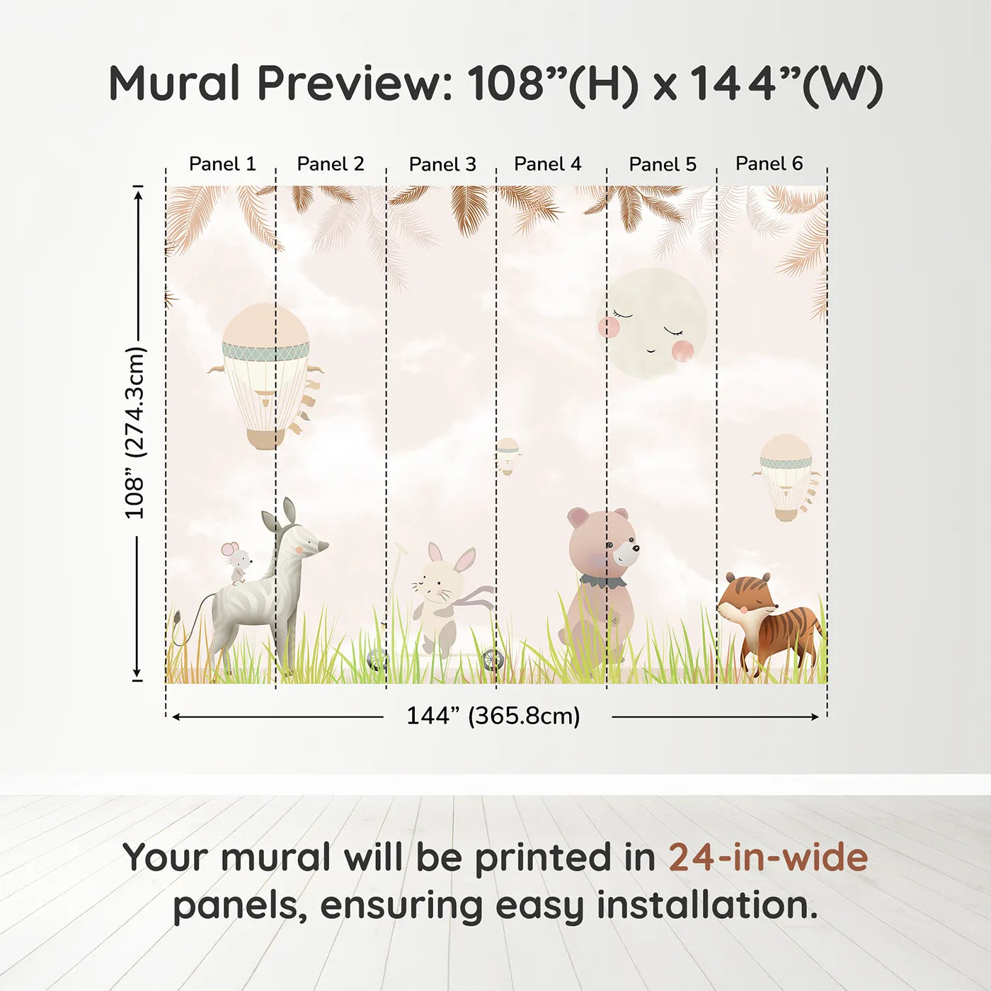 Whimsy Tots Safari Moon Wall Muraldimension view (108" H x 144" W). Printed in six 24-inch-wide panels. Gender-Neutral