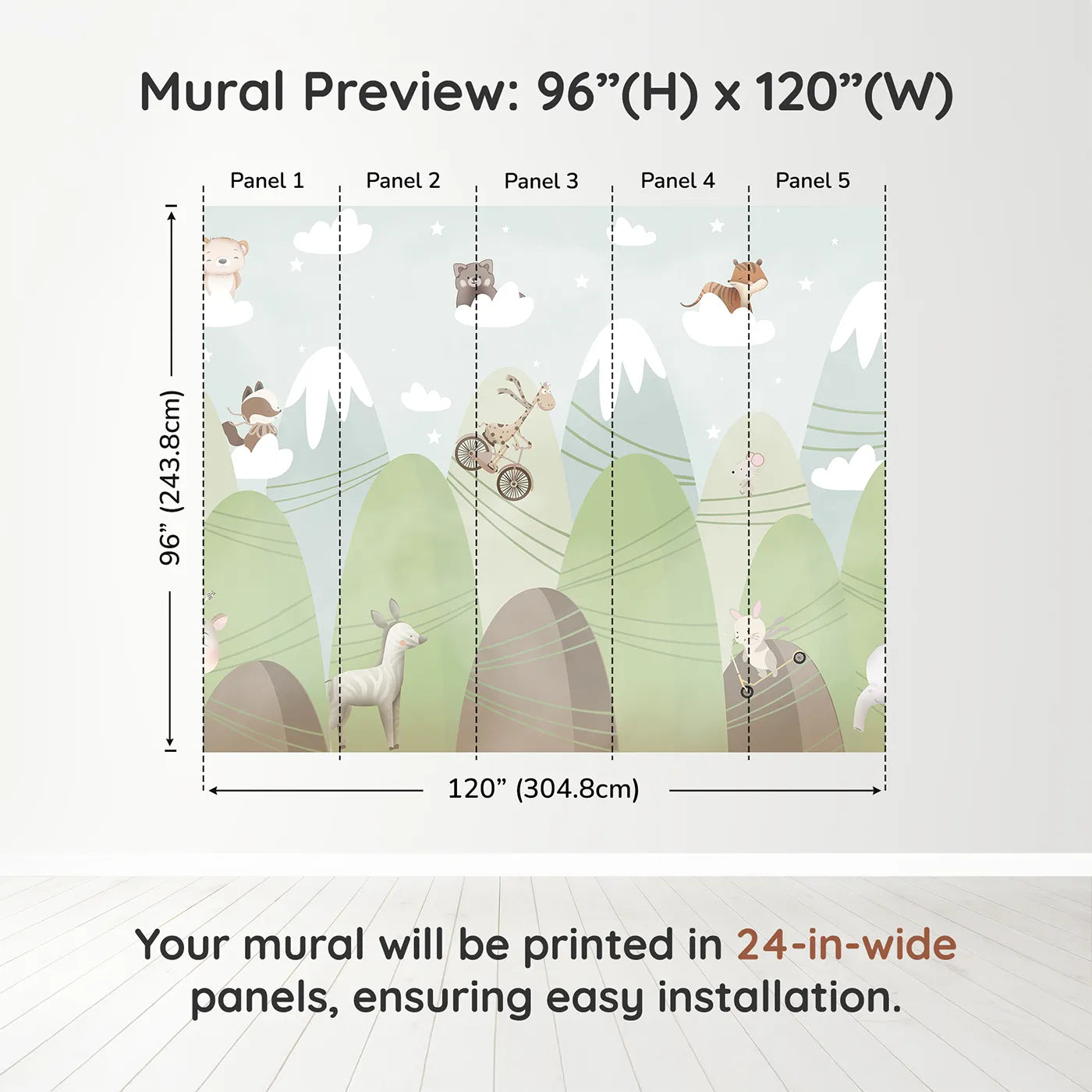 Whimsy Tots Mountain Adventure Club Wall Muraldimension view (96" H x 120" W). Printed in five 24-inch-wide panels. Gender-Neutral