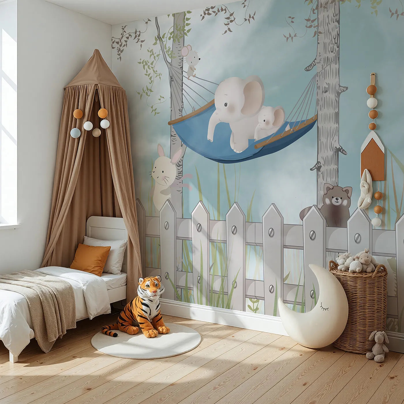 Angled view of Whimsy Tots' Backyard Friends Wall Mural (Turn Their Room into the Sweetest, Coziest Hideaway).Gender-Neutral