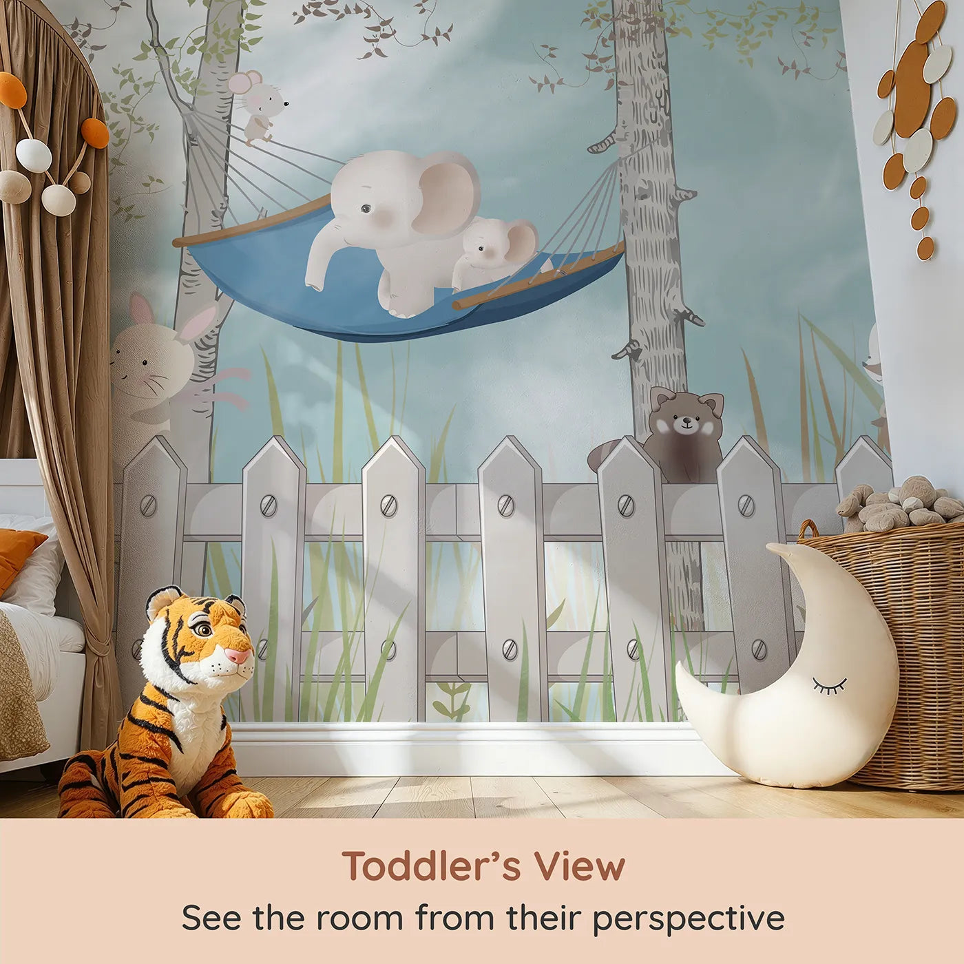 Whimsy Tots Backyard Friends Wall Mural (Turn Their Room into the Sweetest, Coziest Hideaway) from your child's view.Gender-Neutral