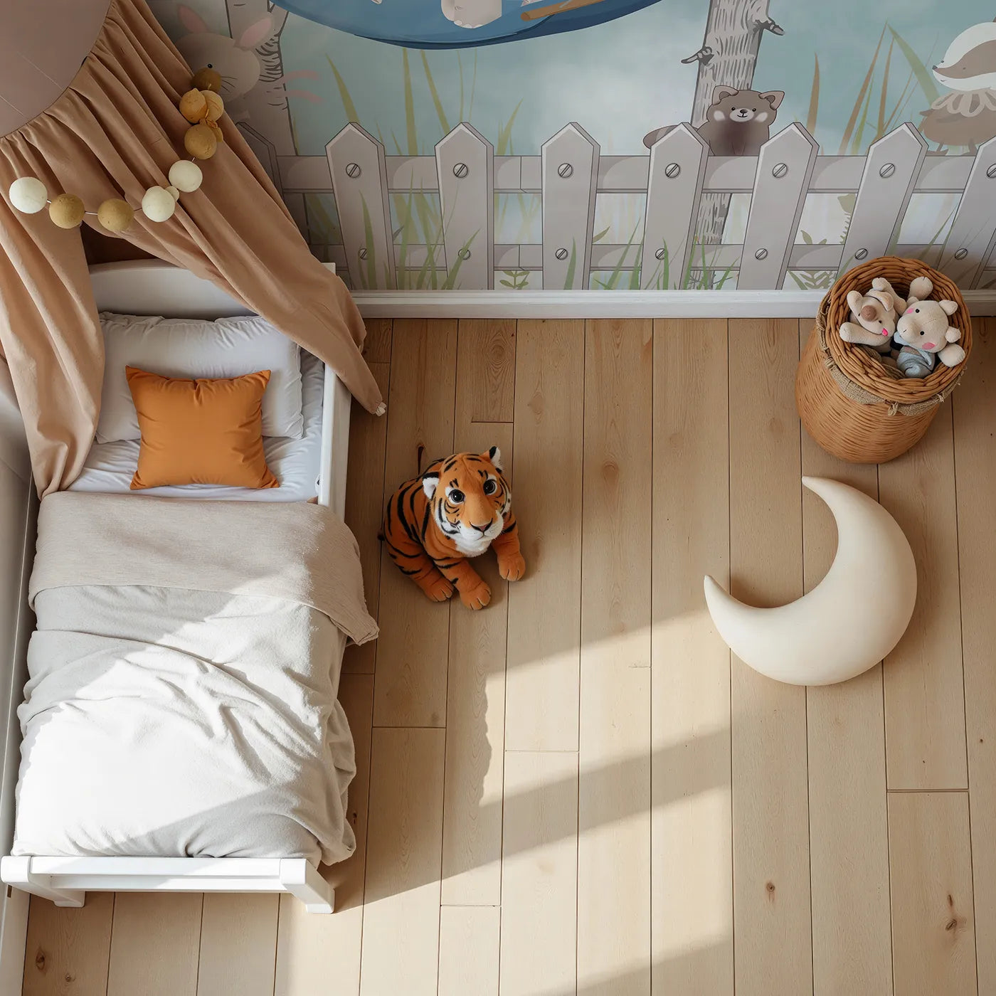 Top-down view of Whimsy Tots' Backyard Friends Wall Mural (Turn Their Room into the Sweetest, Coziest Hideaway).Gender-Neutral