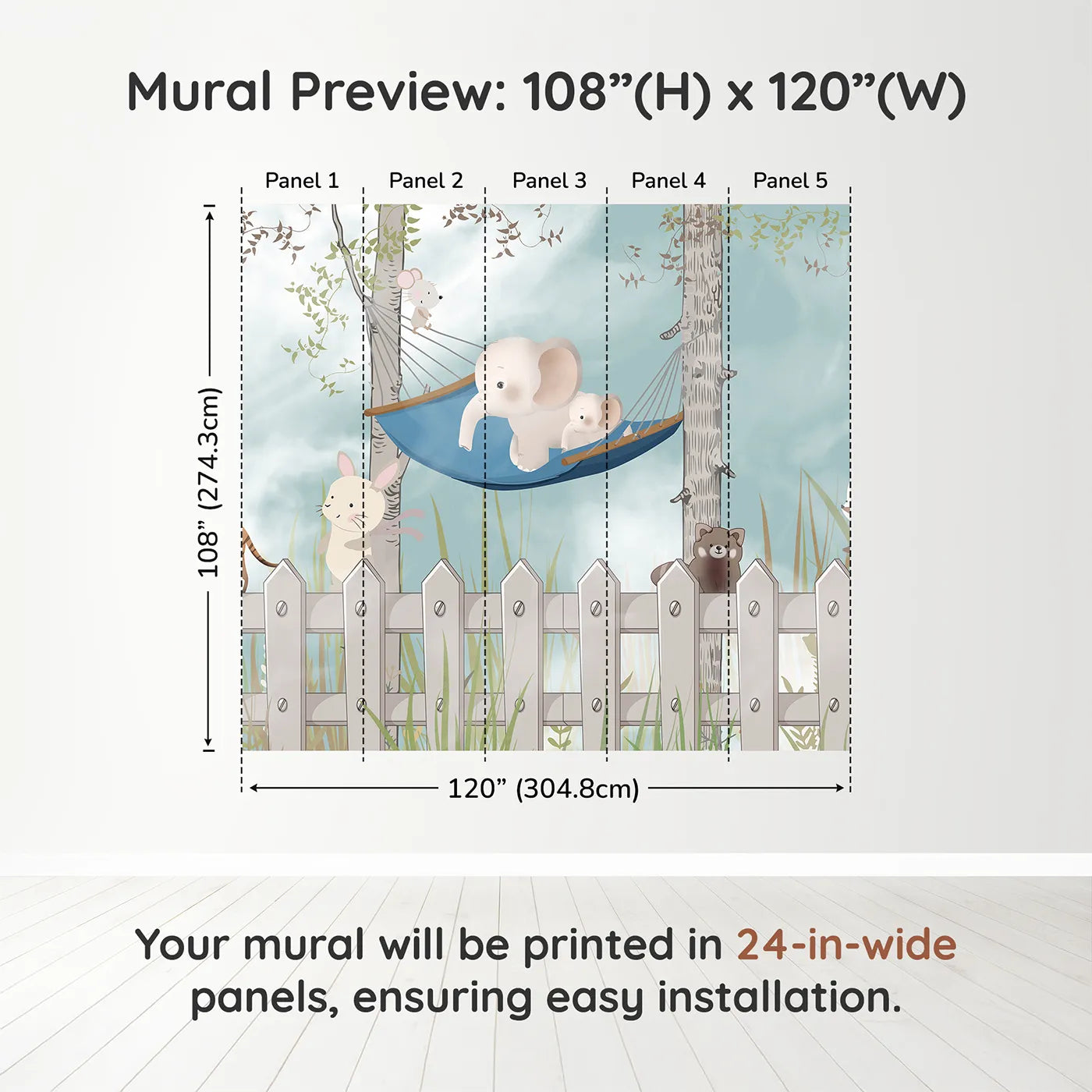 Whimsy Tots Backyard Friends Wall Muraldimension view (108" H x 120" W). Printed in five 24-inch-wide panels. Gender-Neutral