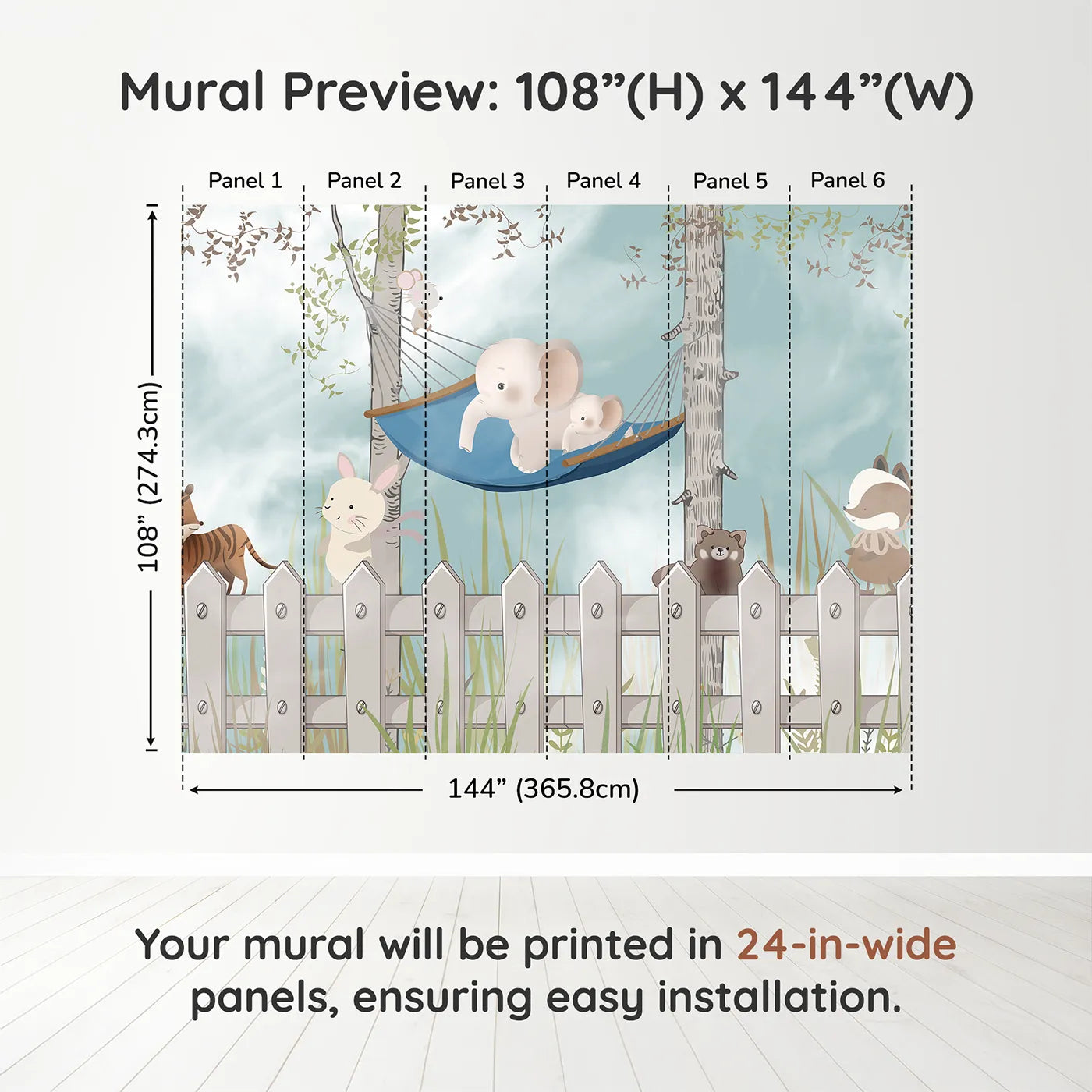 Whimsy Tots Backyard Friends Wall Muraldimension view (108" H x 144" W). Printed in six 24-inch-wide panels. Gender-Neutral