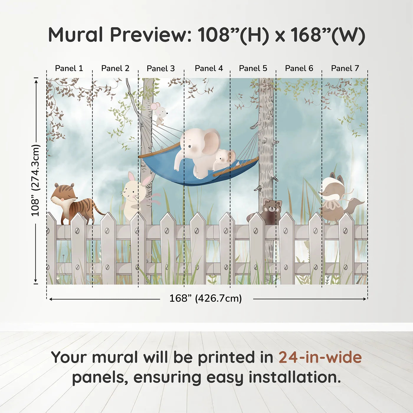 Whimsy Tots Backyard Friends Wall Muraldimension view (108" H x 168" W). Printed in seven 24-inch-wide panels. Gender-Neutral