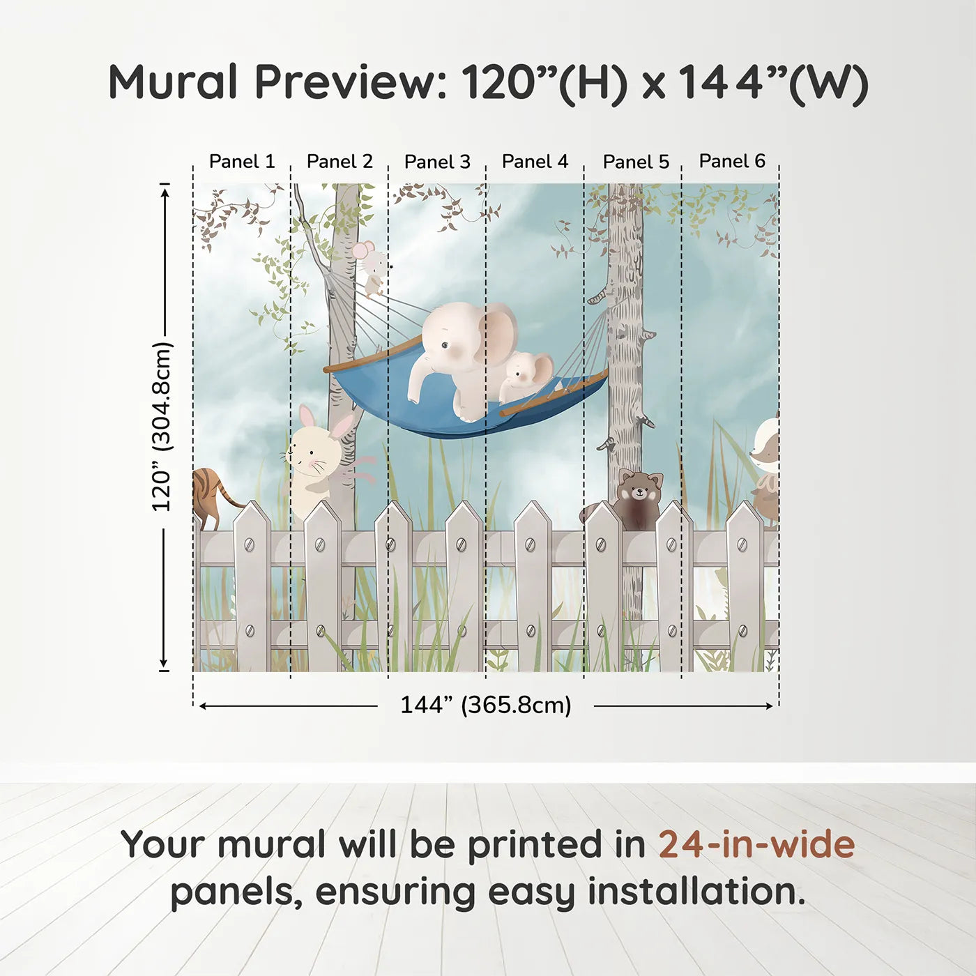 Whimsy Tots Backyard Friends Wall Muraldimension view (120" H x 144" W). Printed in six 24-inch-wide panels. Gender-Neutral
