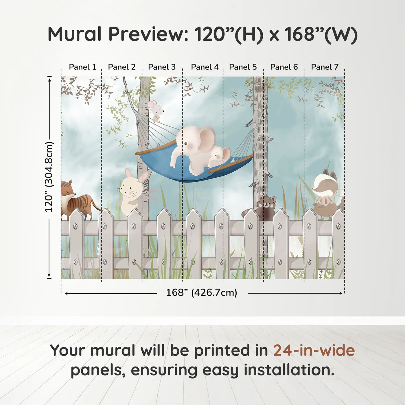 Whimsy Tots Backyard Friends Wall Muraldimension view (120" H x 168" W). Printed in seven 24-inch-wide panels. Gender-Neutral