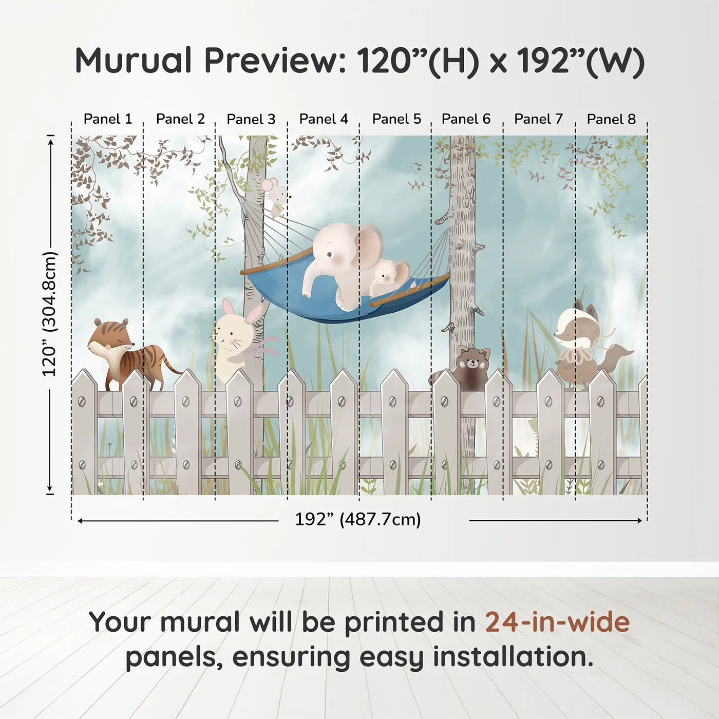 Whimsy Tots Backyard Friends Wall Muraldimension view (120" H x 192" W). Printed in eight 24-inch-wide panels. Gender-Neutral